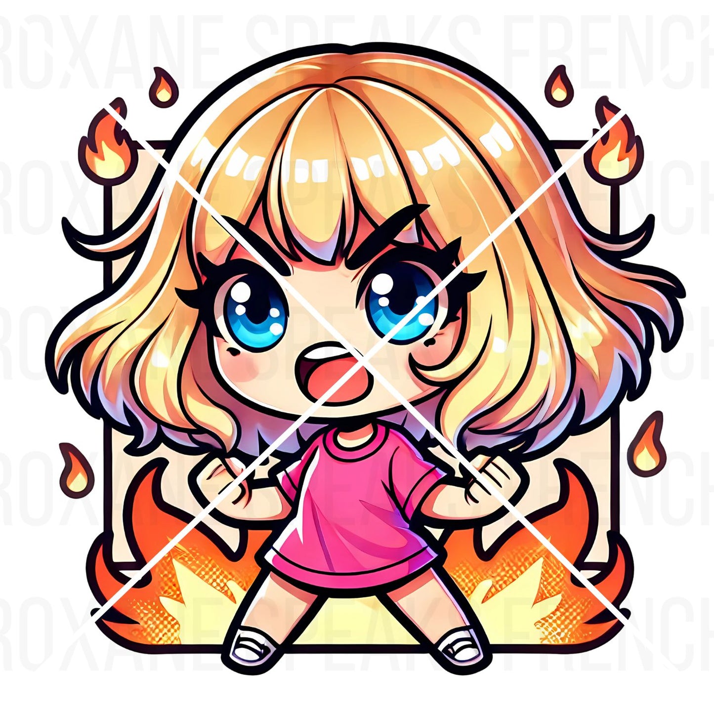 Chibi-style cartoon girl with wavy blonde hair, blue eyes, and a pink T-shirt, displaying an angry expression. Flames surround her to emphasize her fiery mood, with bold outlines and vibrant colors in an anime-inspired design