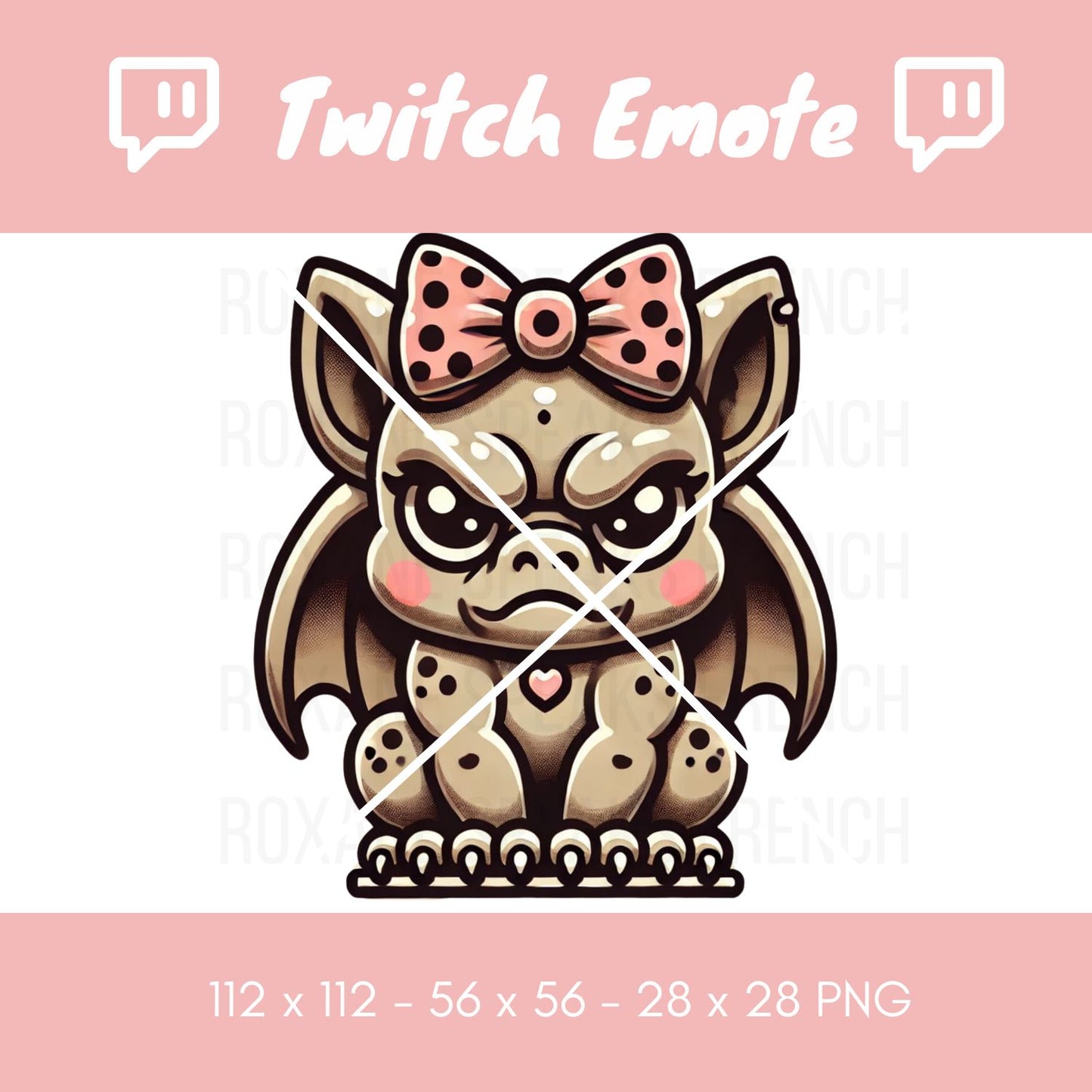 Twitch emote depicting an angry gargoyle with large expressive eyes and a pink polka dot bow, adding a touch of cuteness to its fierce appearance