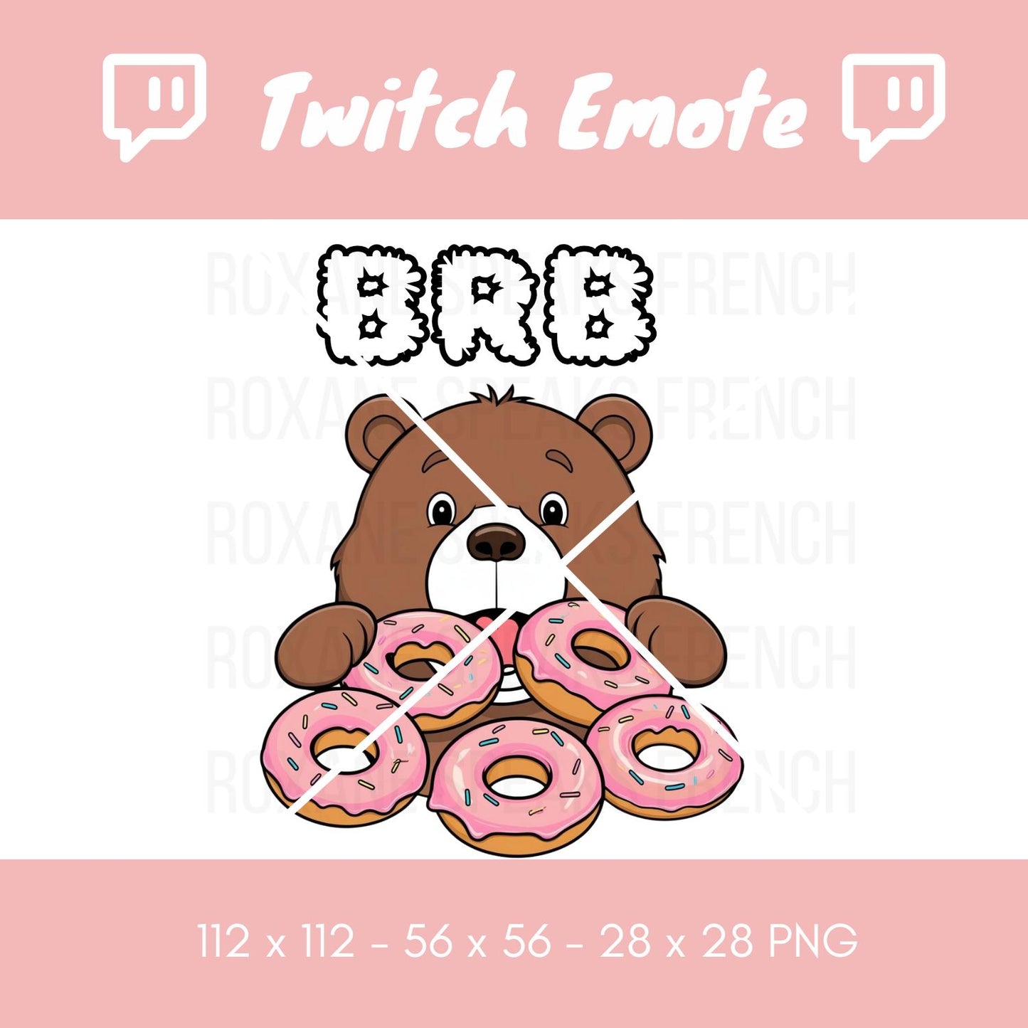 Playful Twitch emote featuring a brown bear holding a stack of pink frosted donuts, with 'BRB' in bold letters above. This emote is perfect for streamers to use during breaks, indicating a short pause for snacks. It combines a cute, humorous image with the commonly used abbreviation 'BRB' (Be Right Back), suitable for both Twitch and Discord.