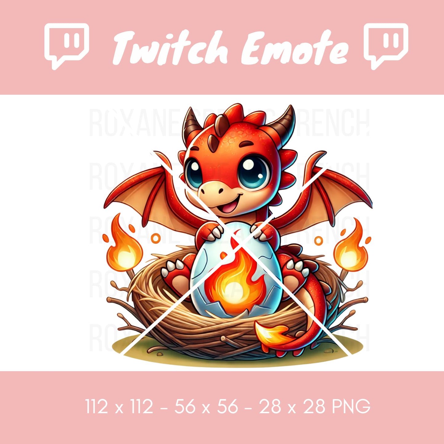 Twitch emote featuring a playful baby dragon sitting in a nest, cradling a flame in its hands, with vibrant orange and red scales and mischievous, twinkling eyes