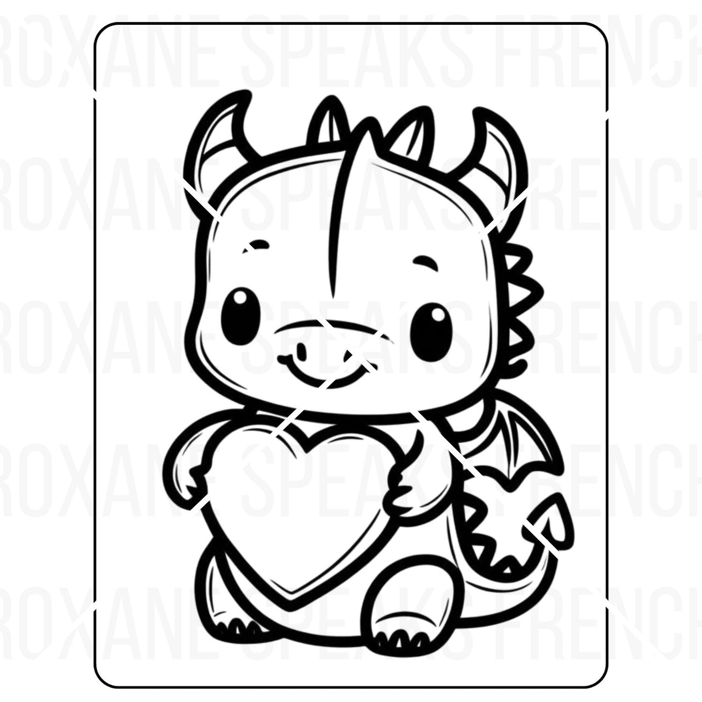 Printable coloring page featuring a cute baby dragon holding a heart, with bold outlines suitable for coloring.