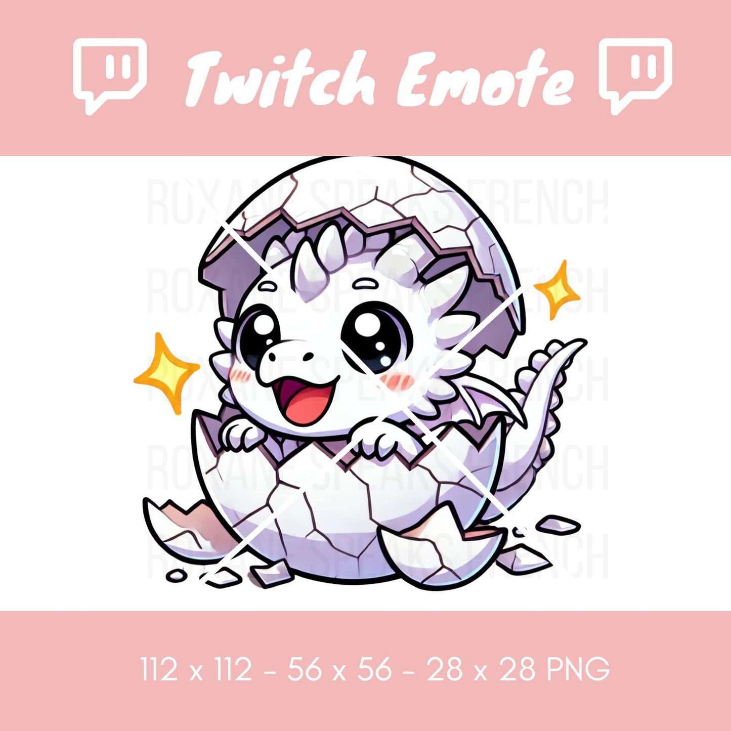 A Twitch emote showcasing a baby white dragon joyfully emerging from its egg. The dragon's eyes sparkle with excitement, complemented by a wide smile and fluttering wings, as it breaks free from the eggshell