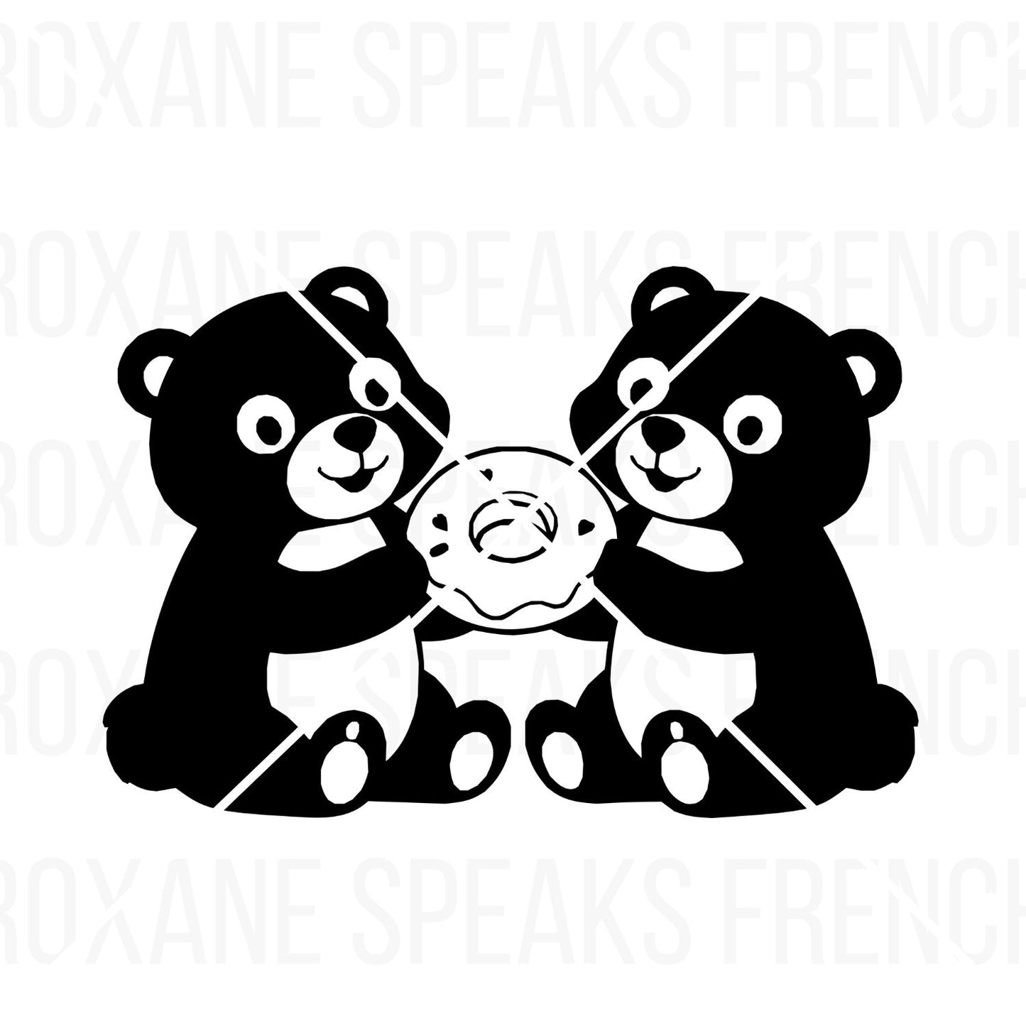 Two black and white panda bears happily sharing a donut, illustrated in a simple silhouette style, suitable for SVG and clipart use in various crafting projects.