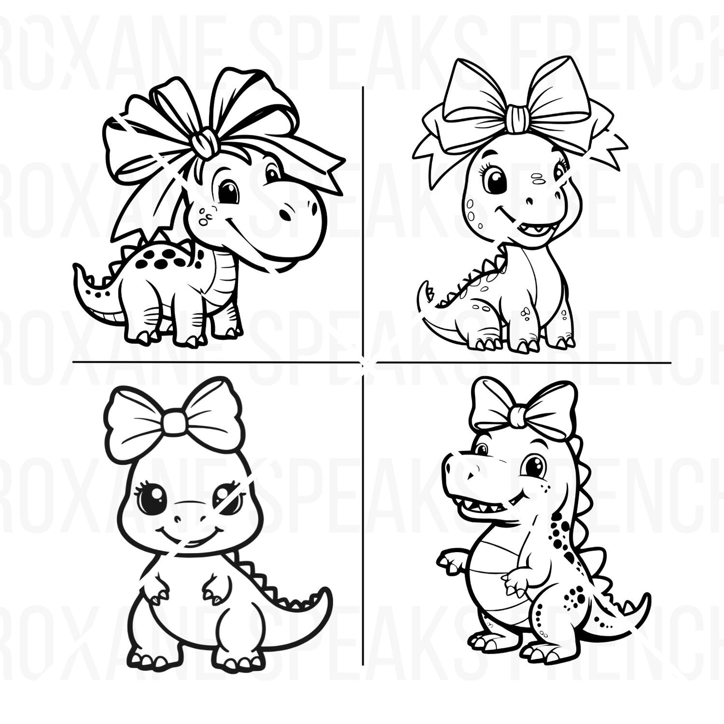 Four SVG and clipart files of cute cartoon prehistoric animals, each styled with a playful bow, presented in black and white line art.