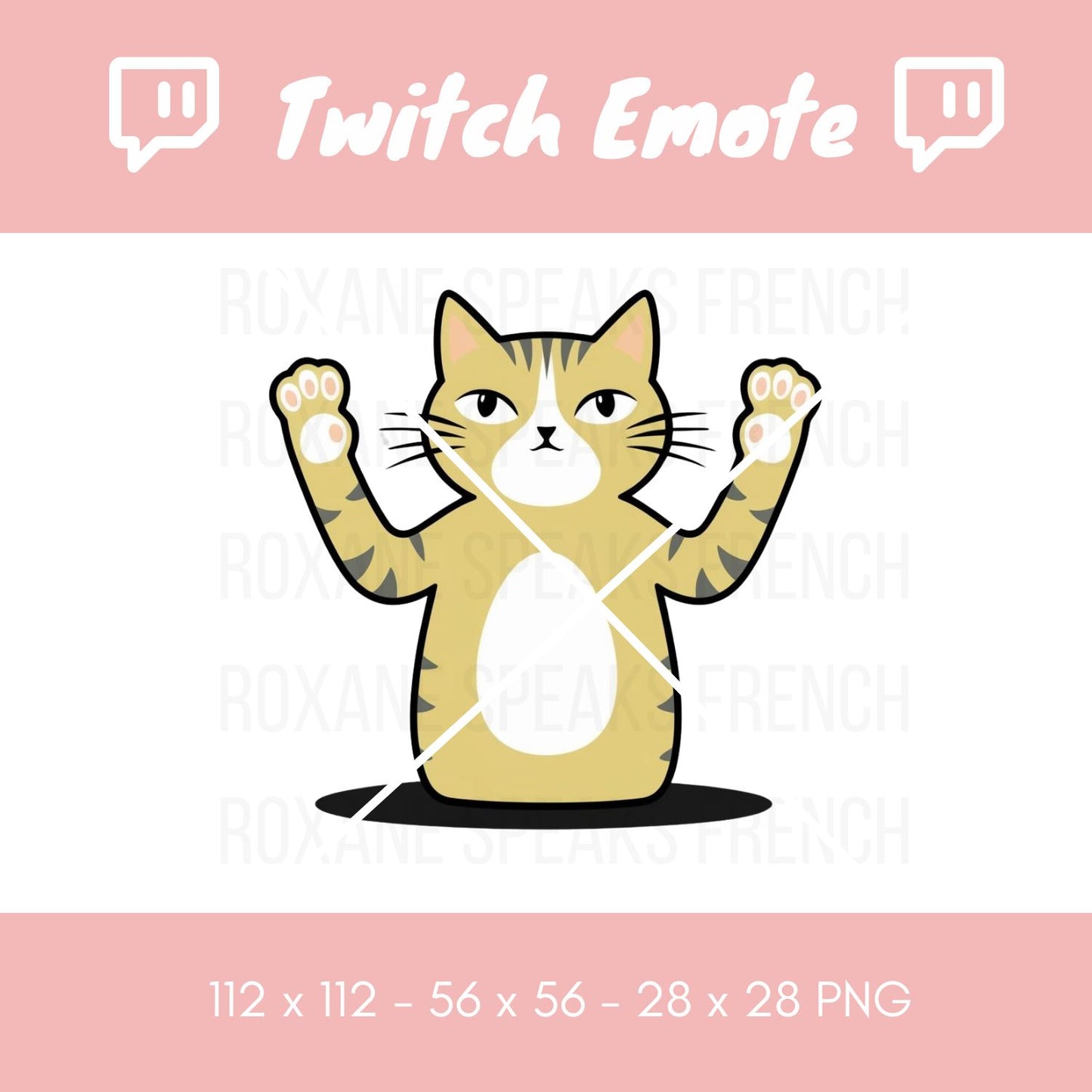 A Twitch emote featuring a cartoon cat with a surprised expression, standing with its paws raised.