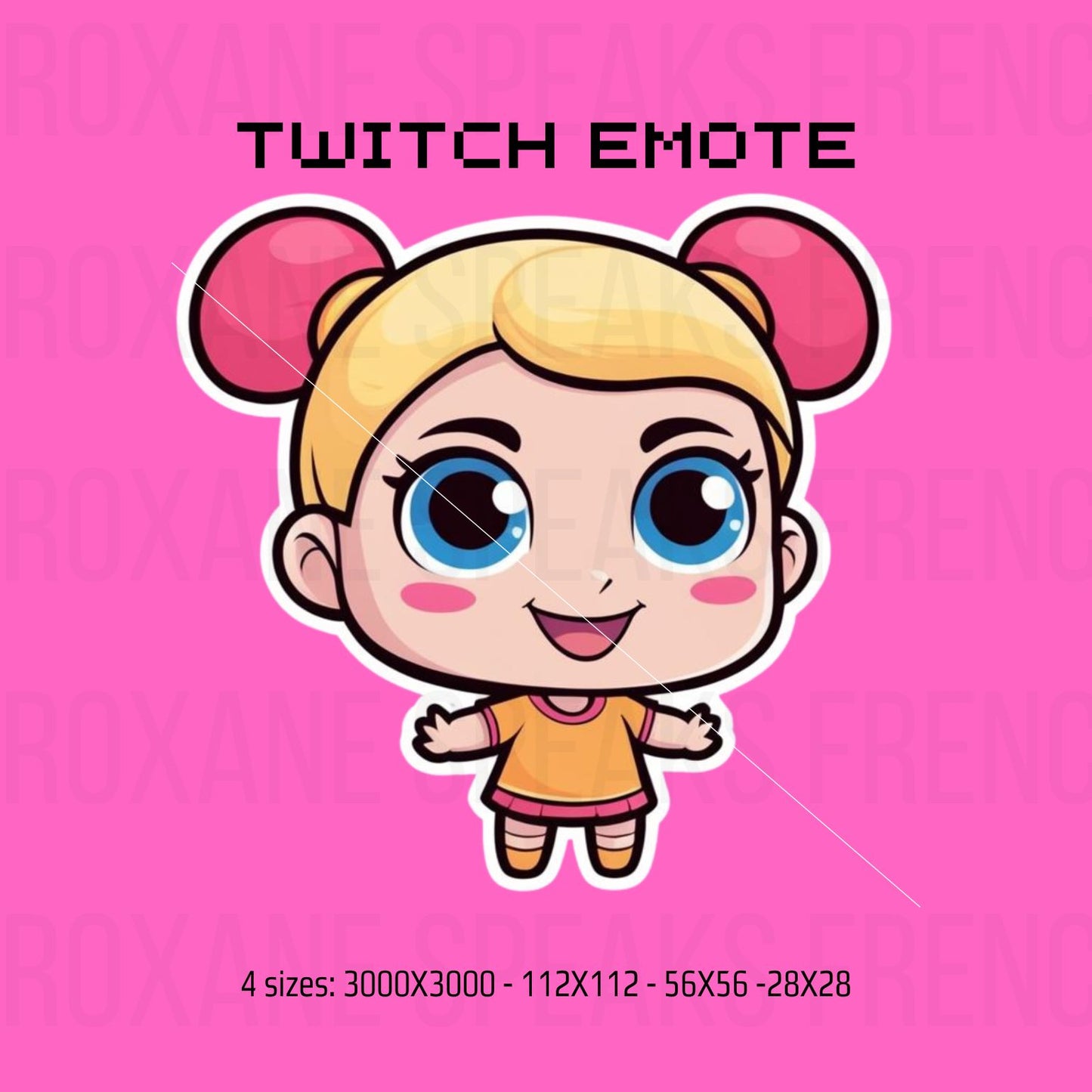 Cute Chibi Girl Emote with pigtails and big expressive blue eyes on a pink background. Perfect for Twitch and Discord, available in four sizes (3000x3000, 112x112, 56x56, 28x28).