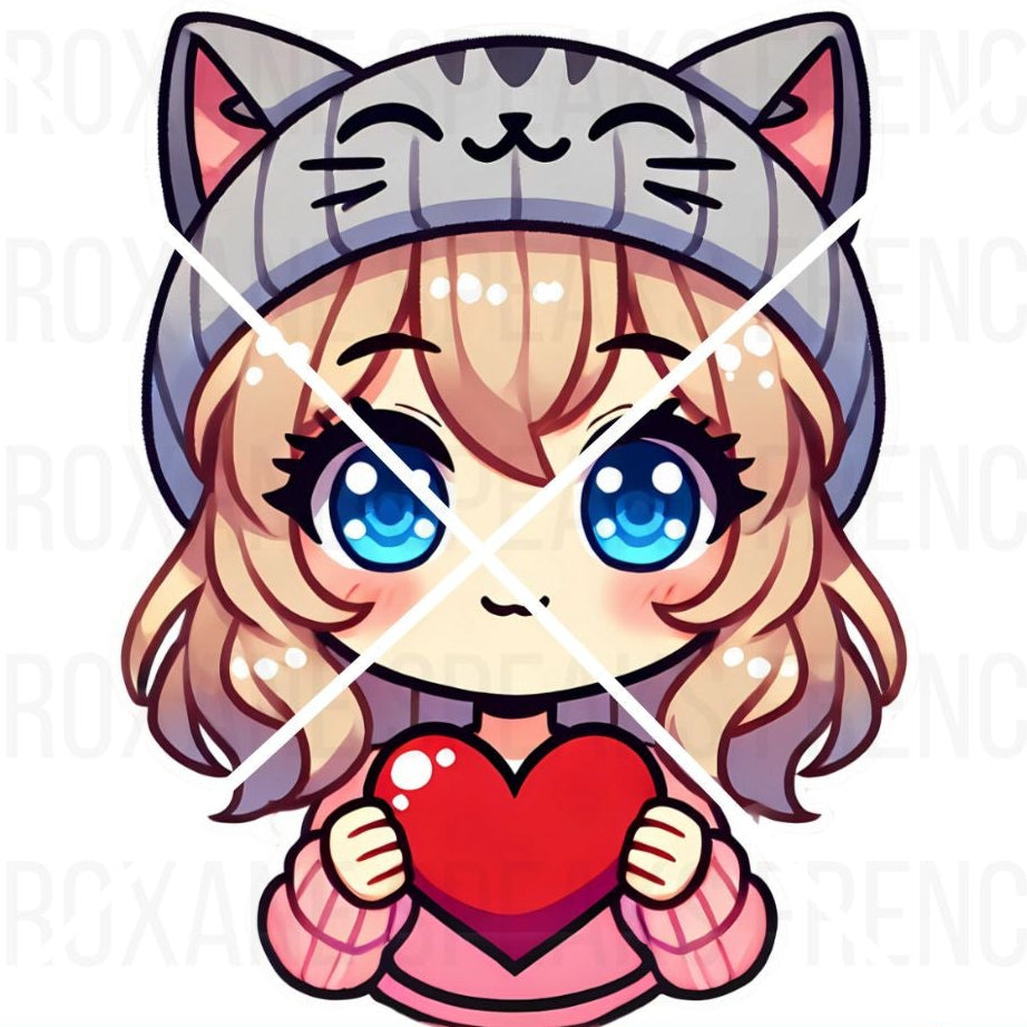 Static Chibi Girl Emote PNG featuring an adorable girl with a beanie cat hat and heart, perfect for Twitch streamers to enhance their chat interactions and use with Twitch Easy Animate