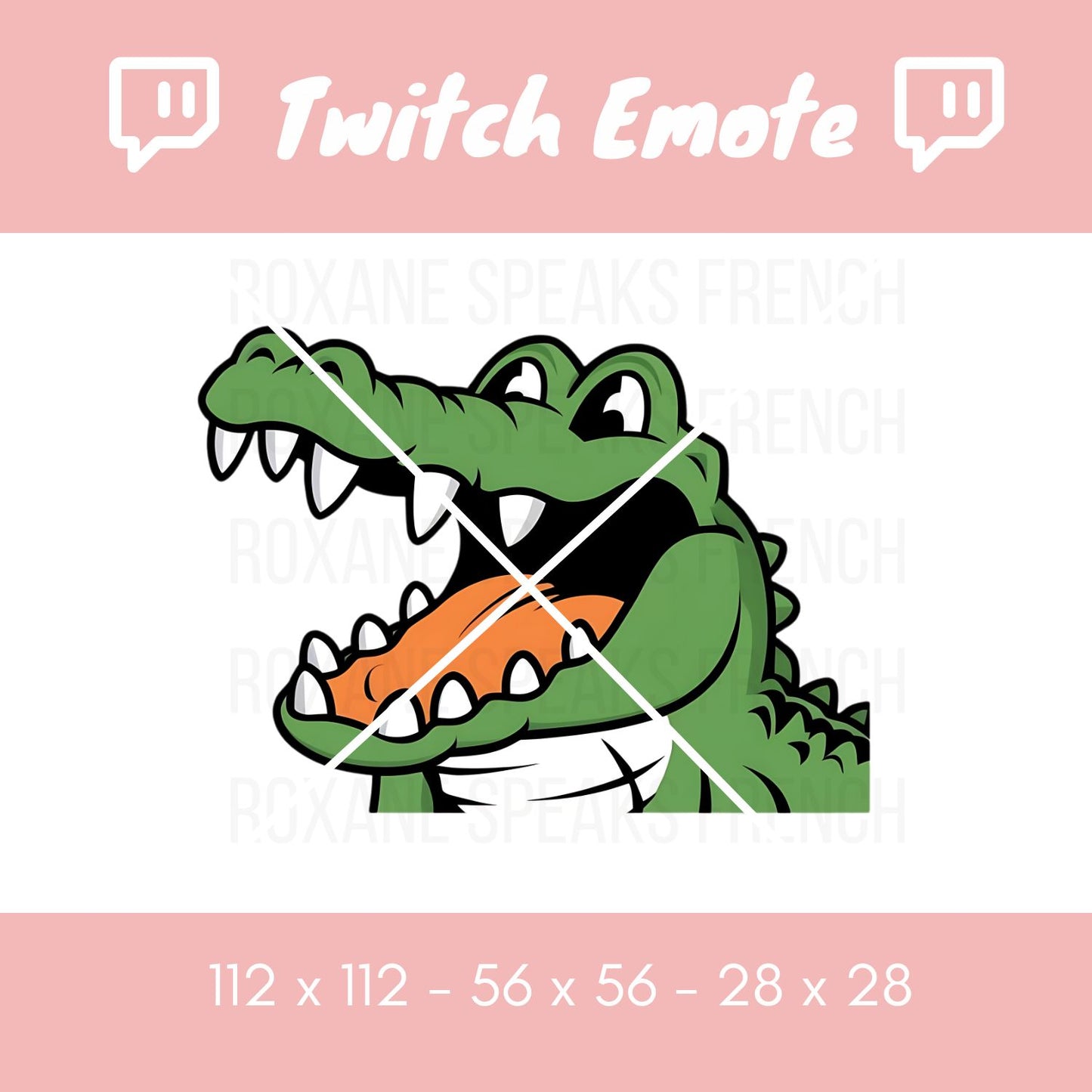 A bold and expressive crocodile Twitch emote featuring a fierce, open-mouthed gator with sharp teeth and an intense, hype-filled expression. Designed with clean, bold lines and exaggerated details, this emote is perfect for expressing excitement, dominance, or playful aggression in Twitch chat