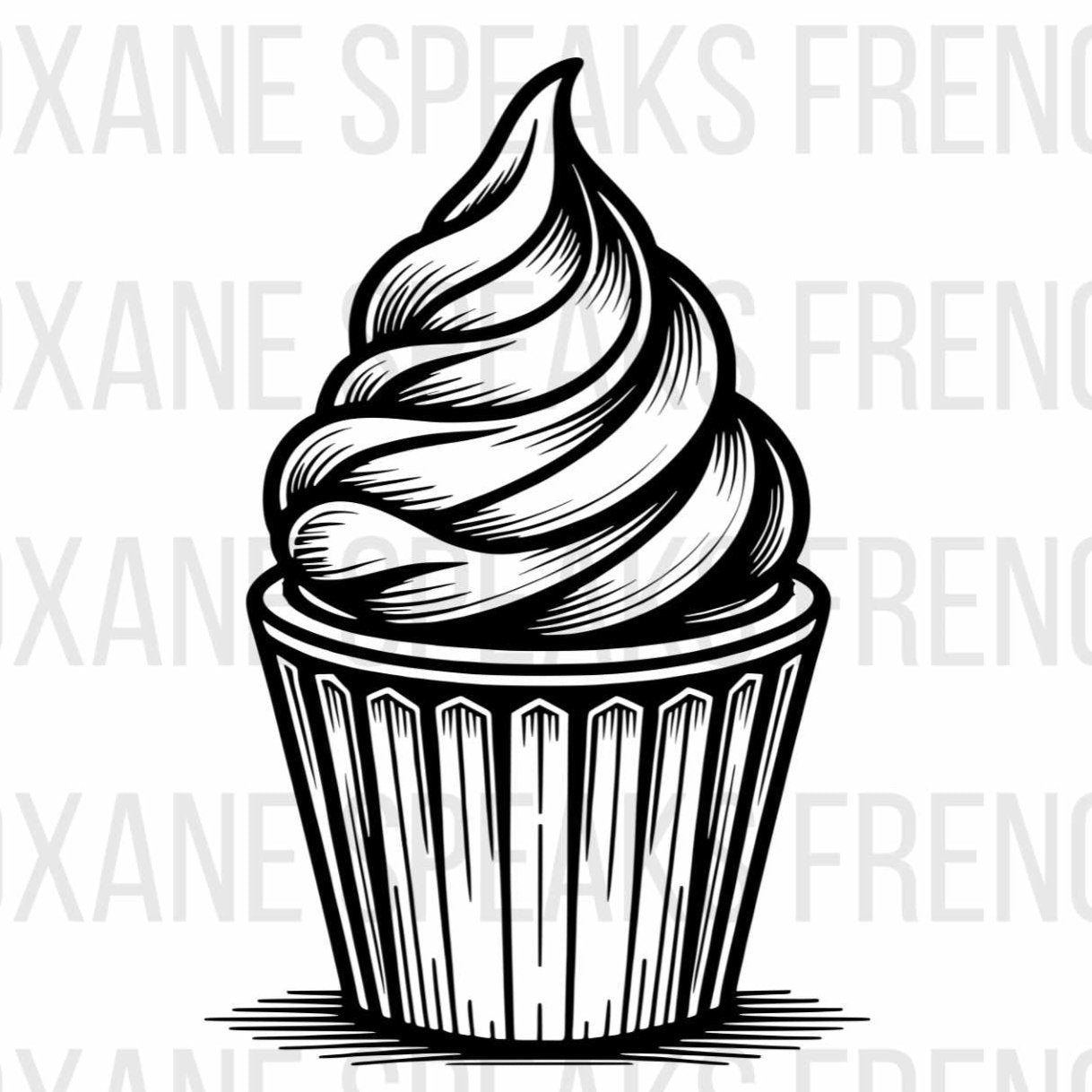 Black and white detailed illustration of a cupcake SVG with swirled frosting in a ribbed cupcake liner. The image has a woodcut style, featuring fine lines and shading.