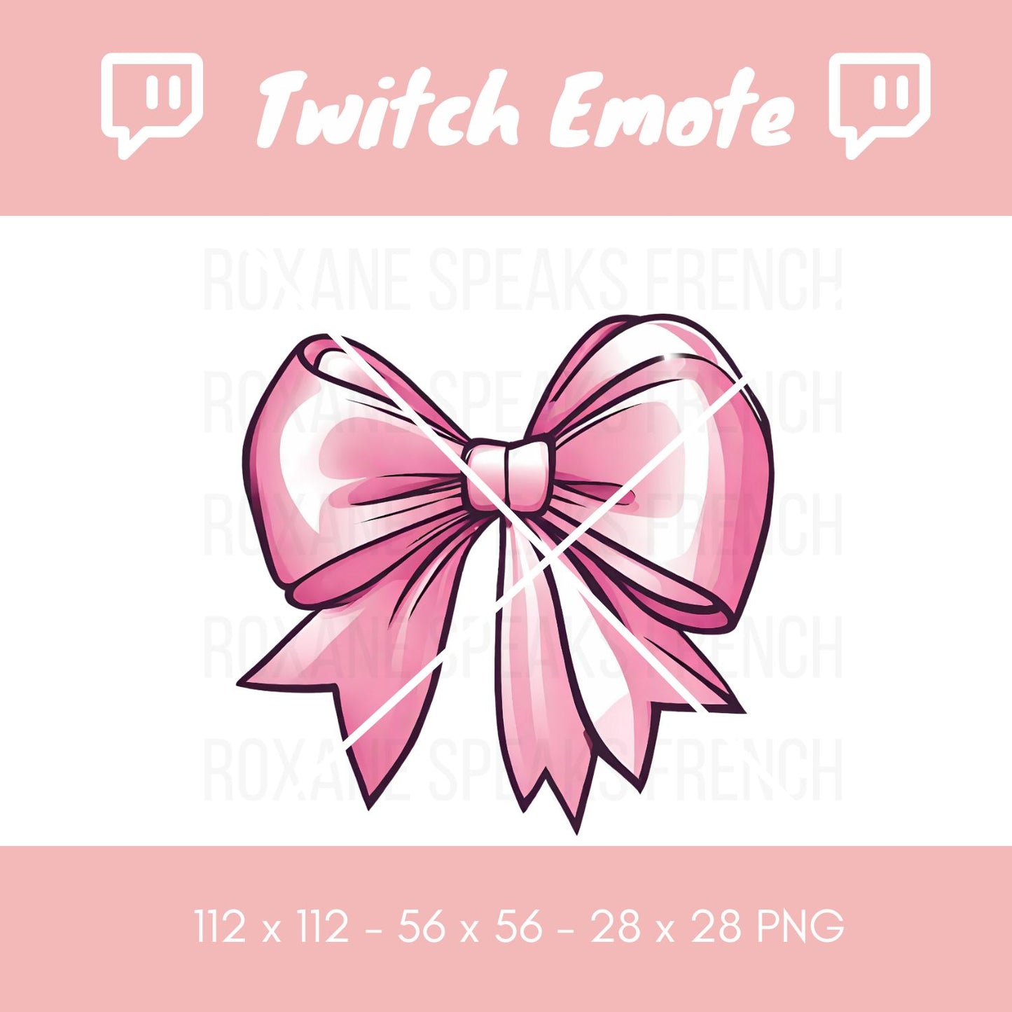 A Twitch emote featuring a playful pink bow with vivid shades and subtle highlights, perfect for adding a touch of whimsy to your channel.