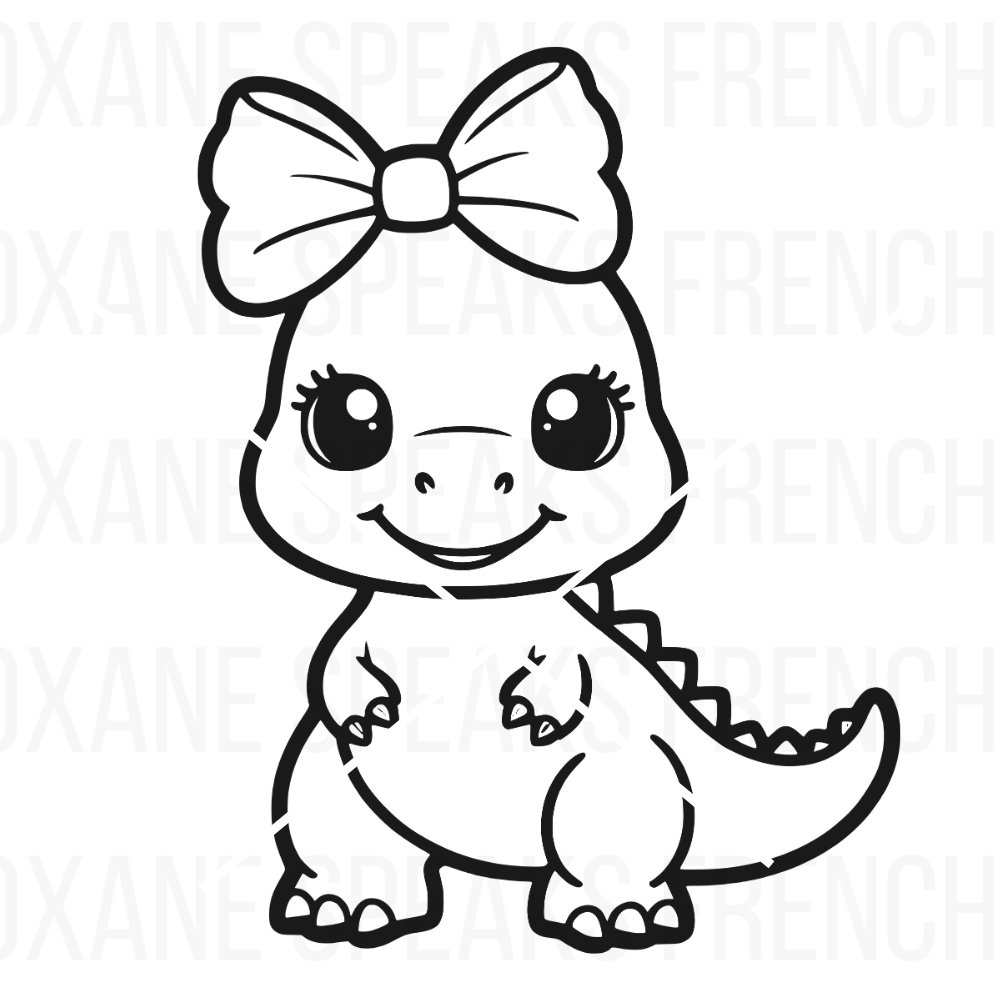 Outline of a cute girl dinosaur SVG and clipart file with a large bow, big eyes, and a friendly smile. Ideal for kids' crafts, stickers, and nursery decor.
