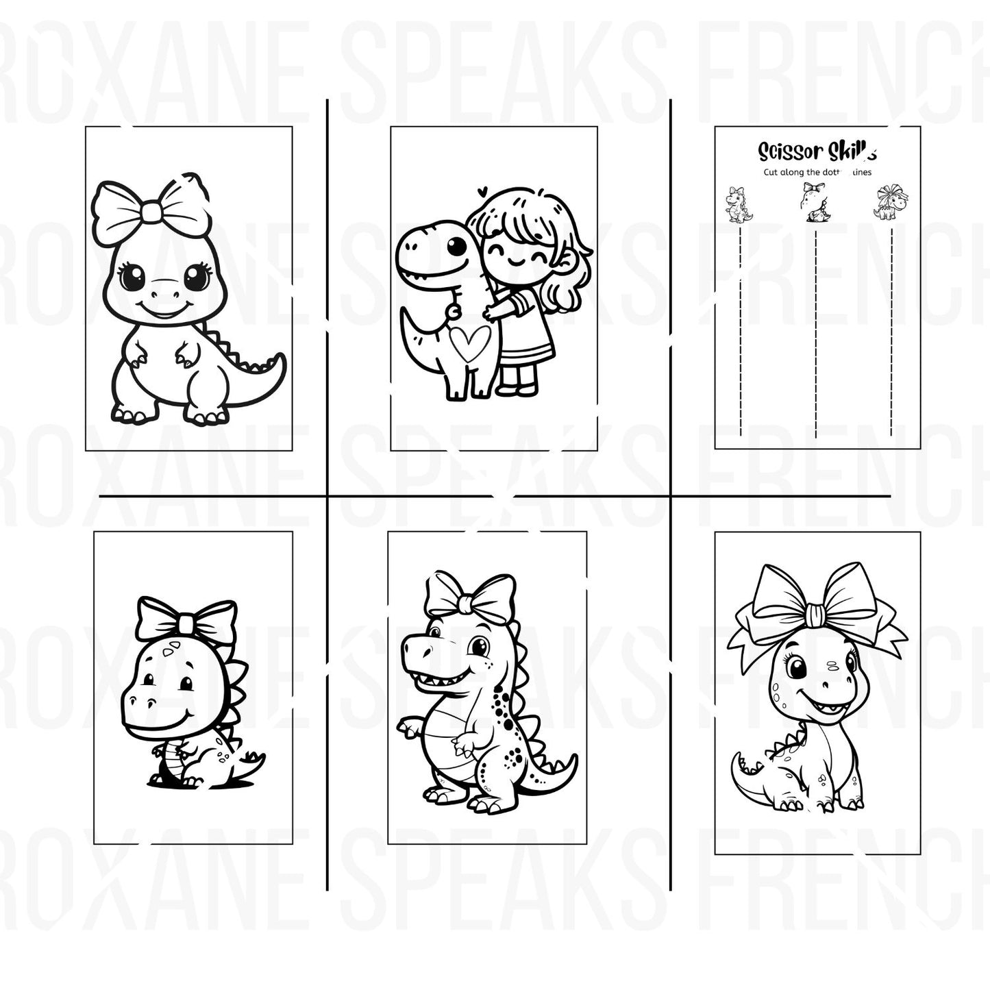 A collection of girl dinosaur coloring pages featuring adorable dinosaurs in playful poses, along with a scissor skills activity sheet.