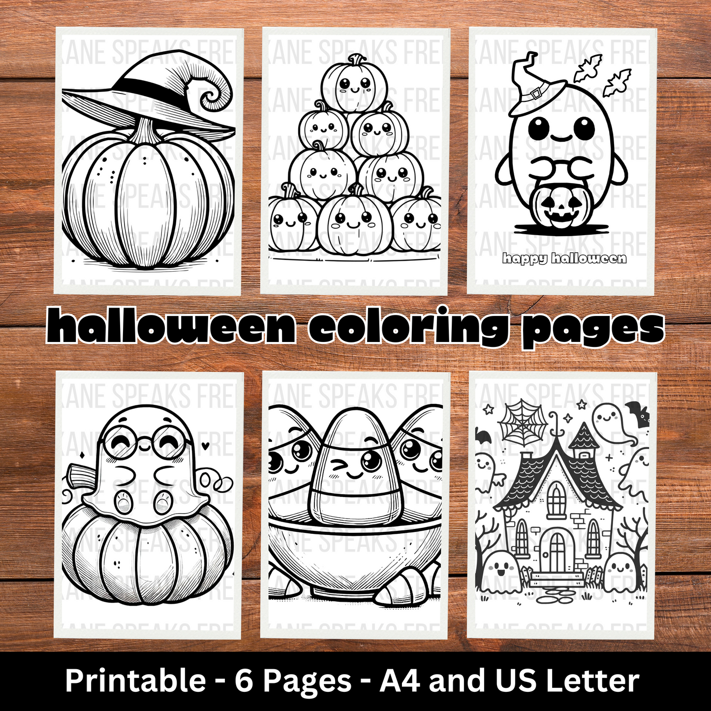 A 6-page printable set o f Halloween-themed coloring pages for kids, featuring kawaii-style designs. Printable -Available in A4 and US letter.