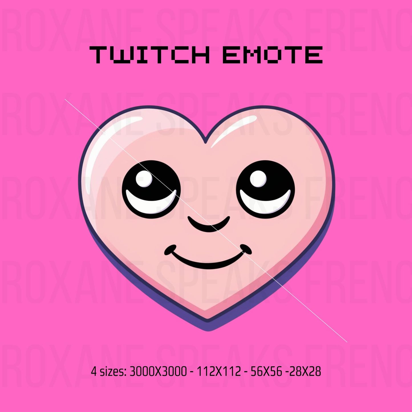 Heart emote featuring a pink heart with expressive eyes and a smile, designed for Twitch and Discord chats. Available in multiple sizes, perfect for streamers and online interactions.
