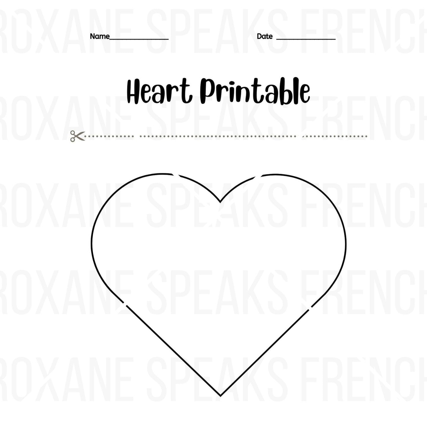 Simple heart outline printable PDF with a section for adding a name and date, ideal for educational or craft activities involving heart-themed projects.