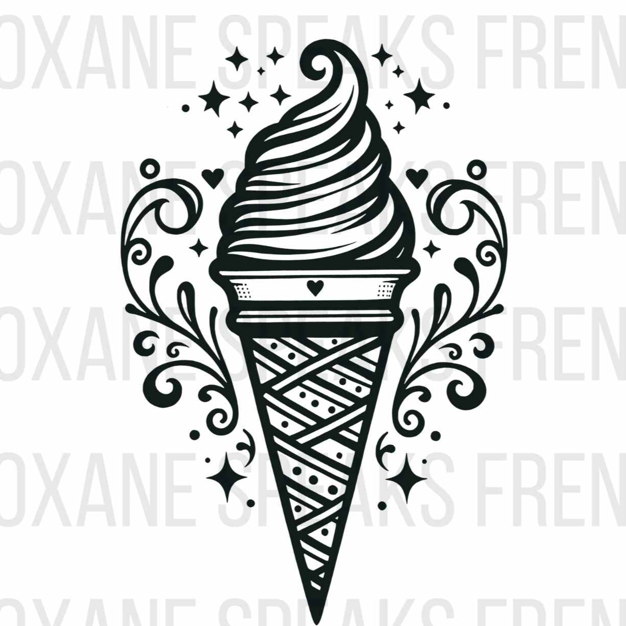 A decorative black and white ice cream cone SVG with intricate swirls and star accents, perfect for crafts and DIY projects, on a white background.