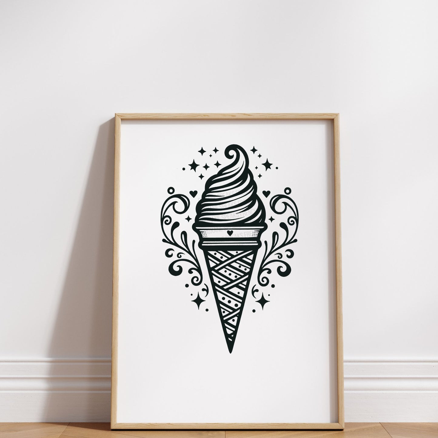 Framed wall art featuring a stylized black line art design of a soft-serve ice cream cone with decorative patterns and swirling details, accented by stars and filigree elements, displayed against a clean white background in a minimalist interior setting.