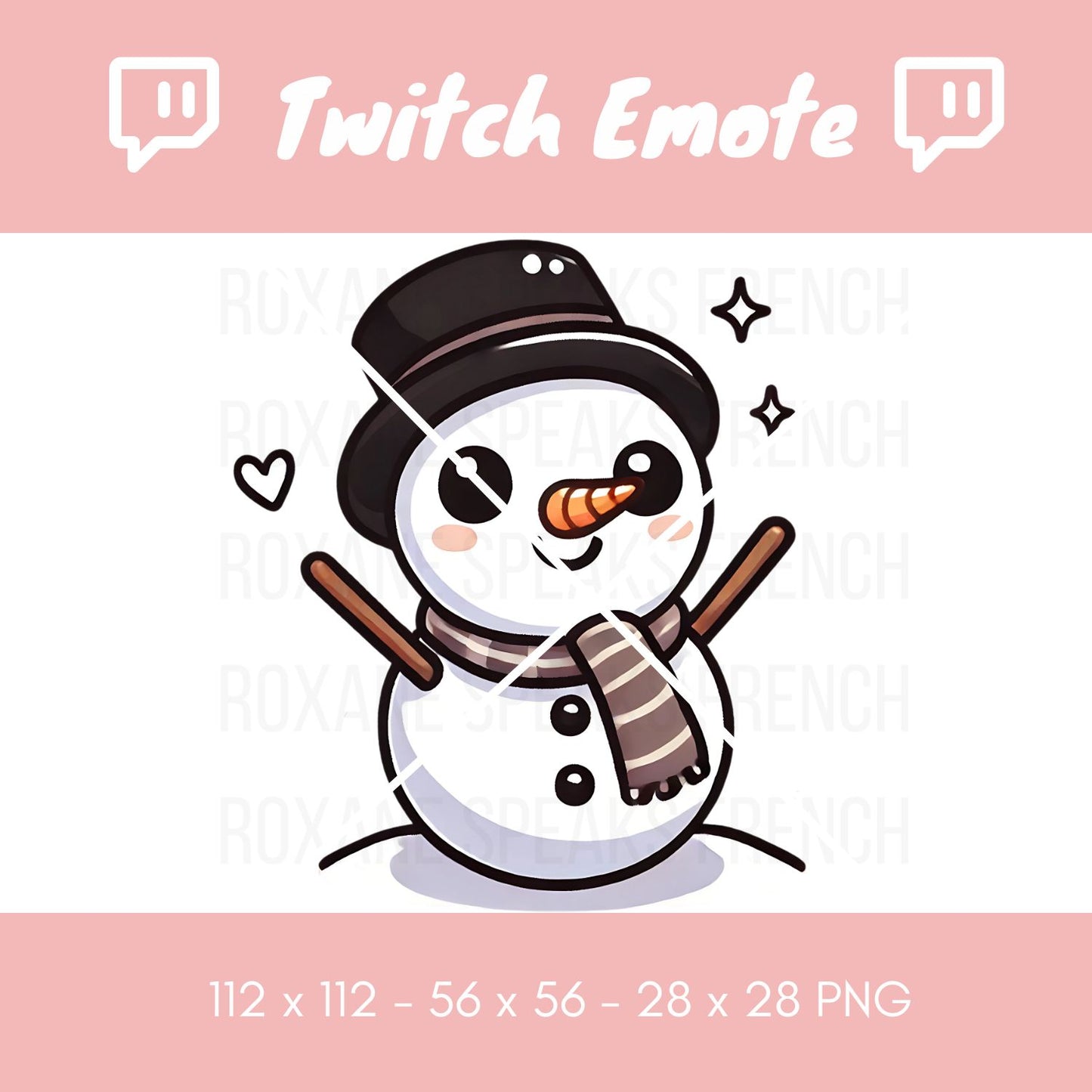 Cute and cheerful snowman Twitch emote, dressed in a top hat and scarf, exuding winter joy and festivity, perfect for holiday-themed streams.