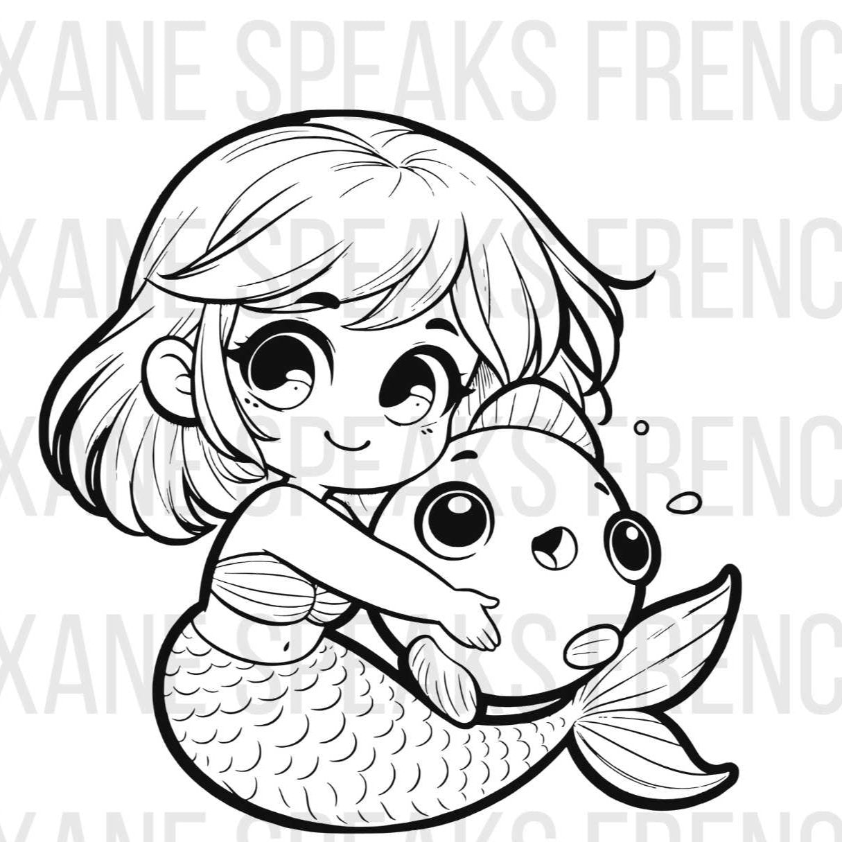 cute Black and white SVG illustration of a cute mermaid hugging a large, cheerful fish. The mermaid has a short bob hairstyle and large, expressive eyes. The design features detailed scales on the mermaid's tail and playful expressions on both the mermaid and the fish.