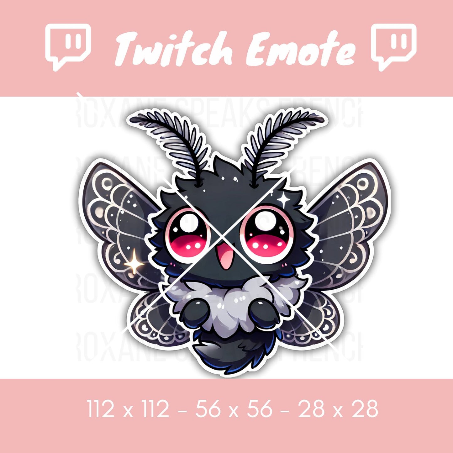 Adorable Mothman Twitch emote featuring a chibi-style Mothman with wide, sparkling red eyes, detailed wings, and a happy expression. Available as a high-quality PNG in 112x112, 56x56, and 28x28 sizes. Perfect for Twitch and Discord chats to add a cute and magical vibe.