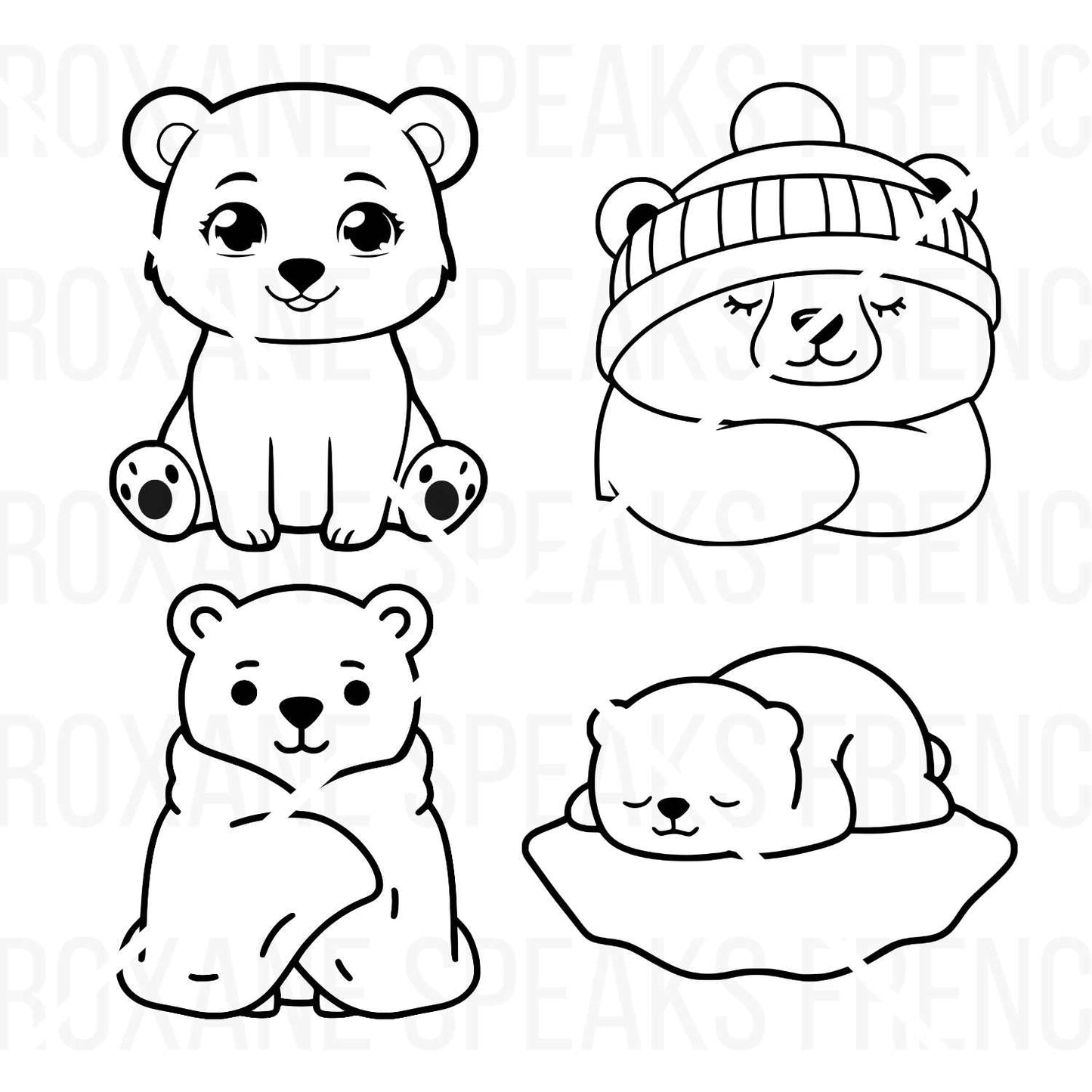 : A Polar Bear SVG bundle featuring four adorable winter bear designs, including a sitting polar bear, a bear wearing a cozy beanie, a bear wrapped in a blanket, and a sleeping polar bear on ice.