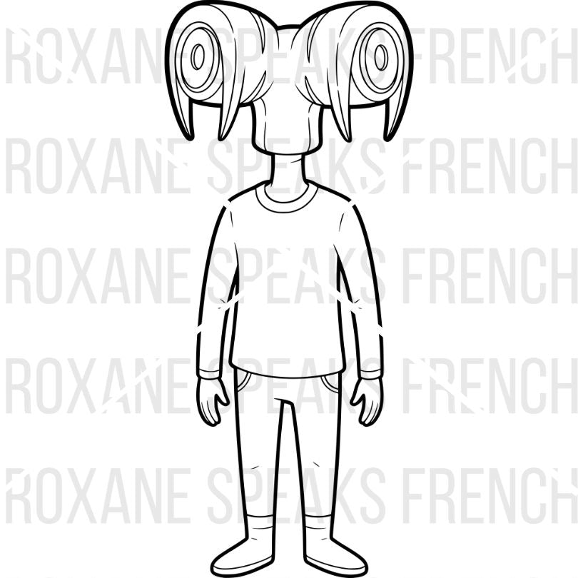 Black and white line drawing of a character with large head and small body on a white background with 'Roxane Speaks French' text.