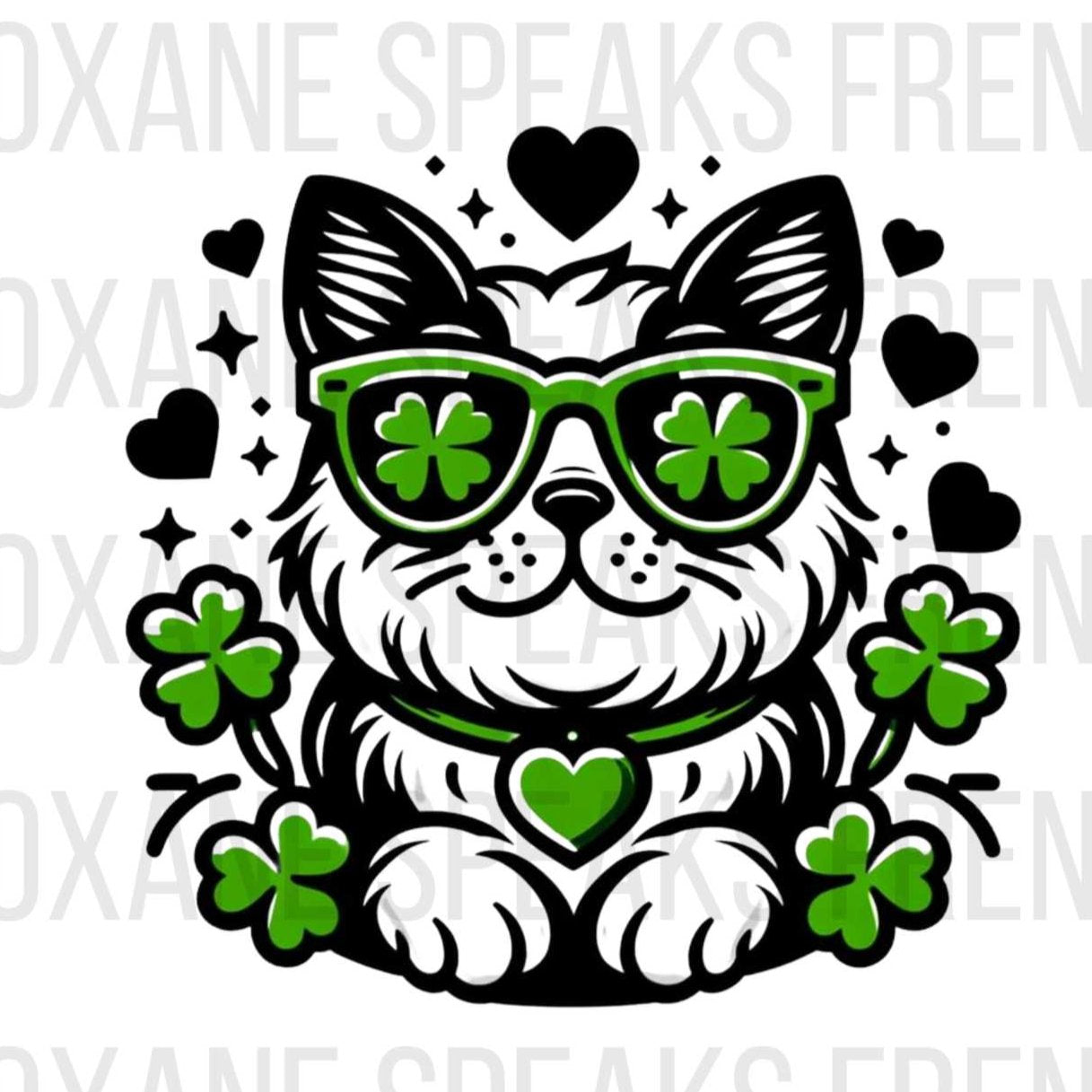 A cute clipart cartoon cat wearing green clover-shaped sunglasses and a green heart-shaped collar, surrounded by green clovers and black hearts. The image has a playful and festive vibe, perfect for St. Patrick's Day celebrations.