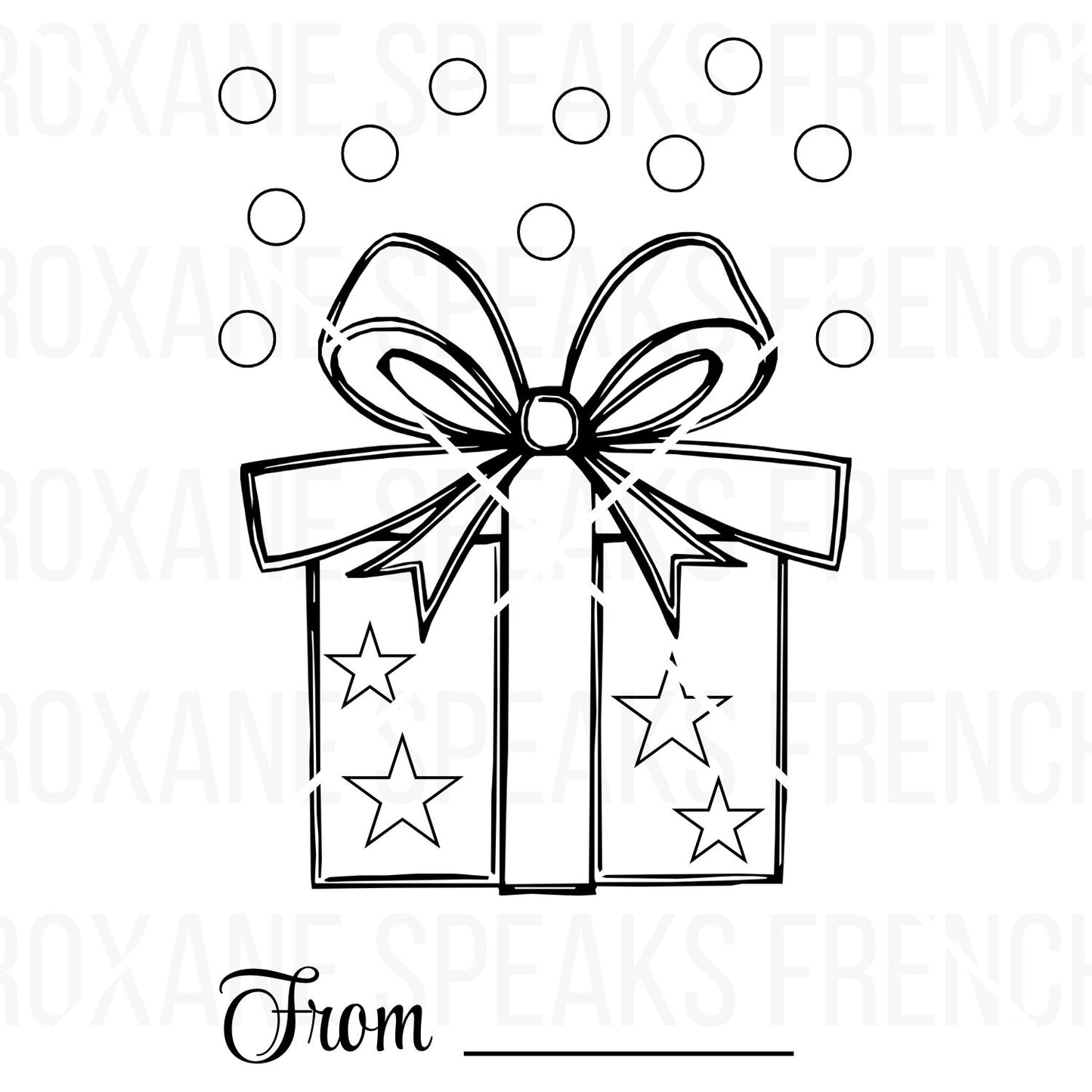 Printable present coloring page featuring a cute gift box with a large bow, stars, falling dots, and a 'From' line for personalization.