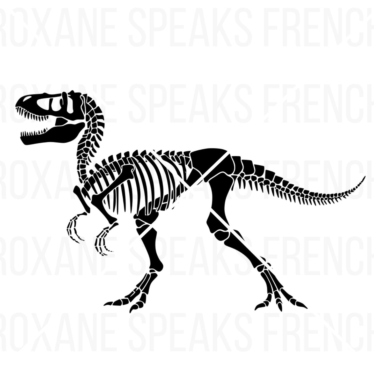 Black silhouette of a T-Rex (Tyrannosaurus Rex) skeleton shown in profile view. The detailed illustration features the distinctive dinosaur skull with sharp teeth, spinal column with vertebrae, ribcage, small front limbs, powerful hind legs, and long tail