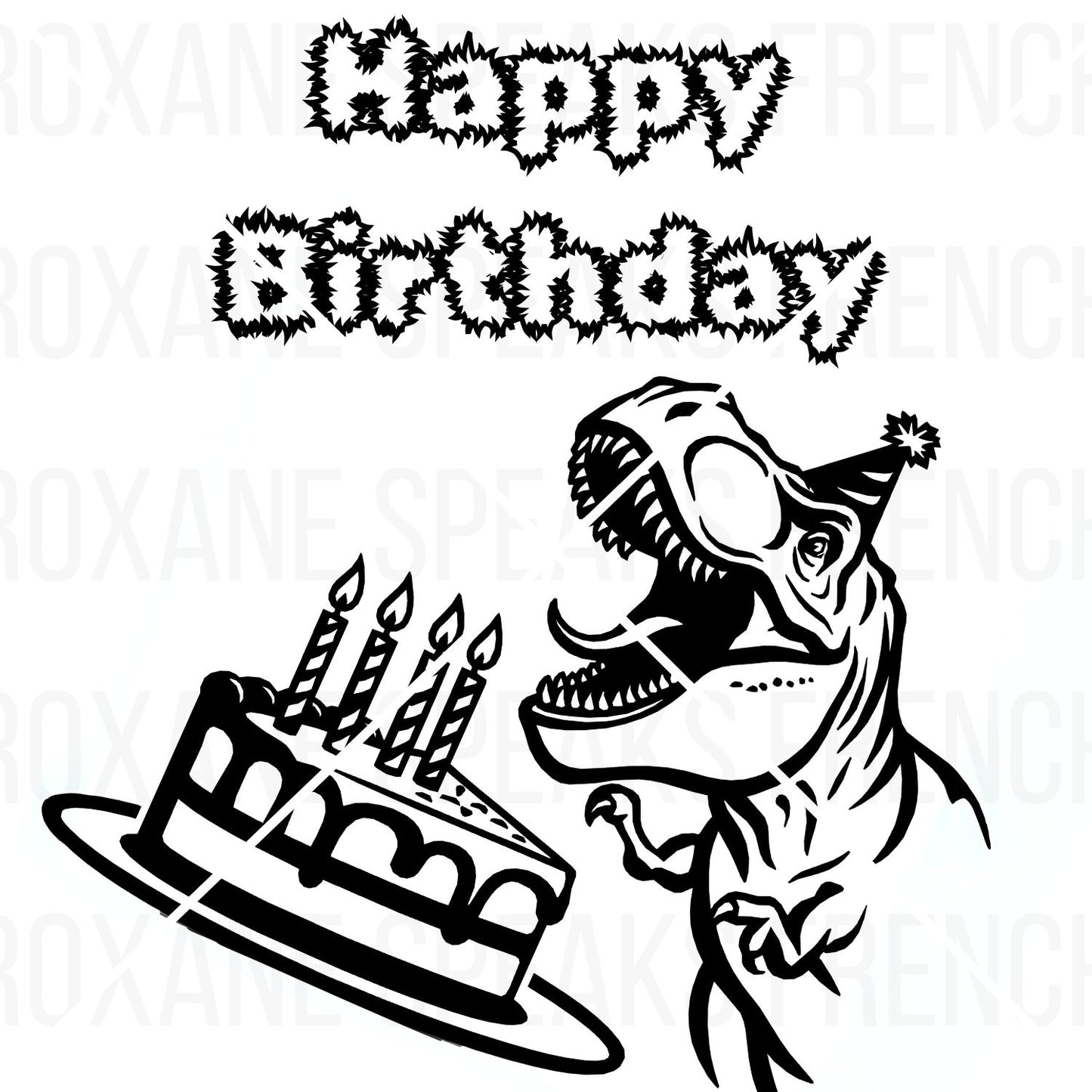 T-Rex dinosaur birthday printable coloring page featuring a cartoon T-Rex with party hat, cake, and 'Happy Birthday' text