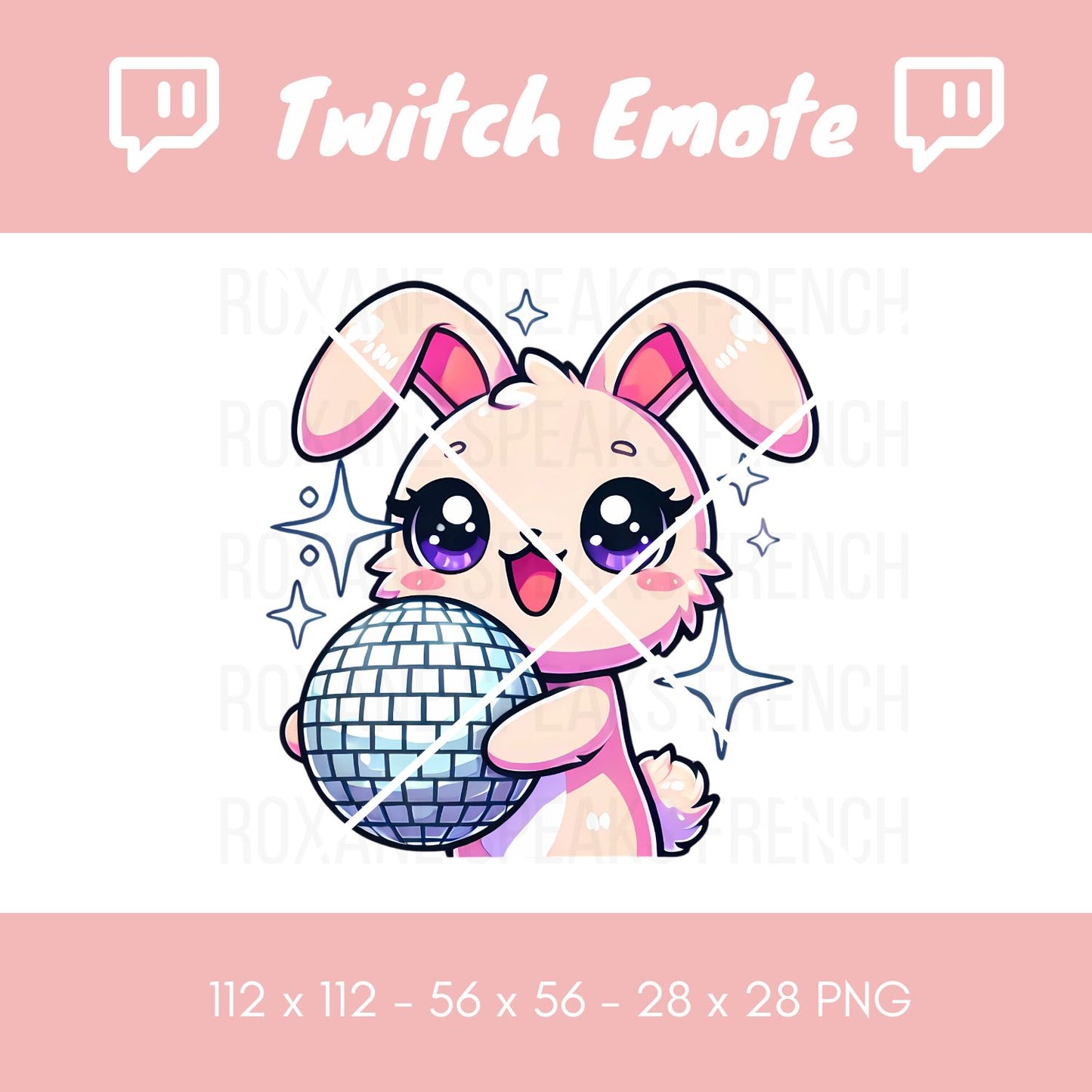 A kawaii Twitch bunny emote depicting a cute bunny holding a shiny silver disco ball, featuring big expressive eyes and adorned in pink accents.