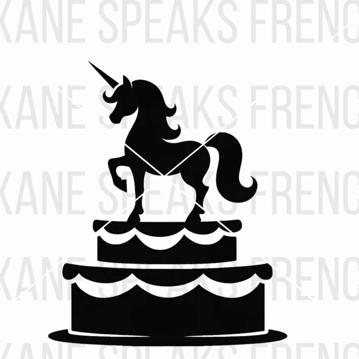 Black silhouette of a unicorn standing on a layered cake, available in SVG.