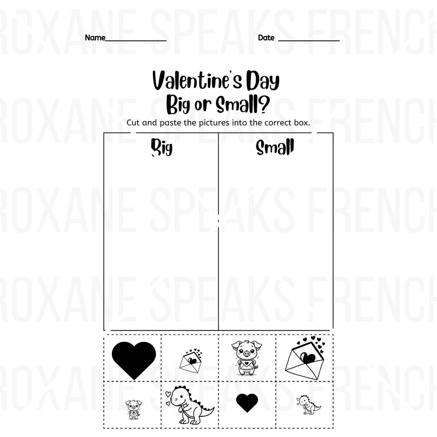 Valentine's Day educational worksheet titled 'Big or Small?', designed to teach children size differentiation. The worksheet includes two labeled columns 'Big' and 'Small' where children are instructed to cut and paste images from the bottom row into the correct box