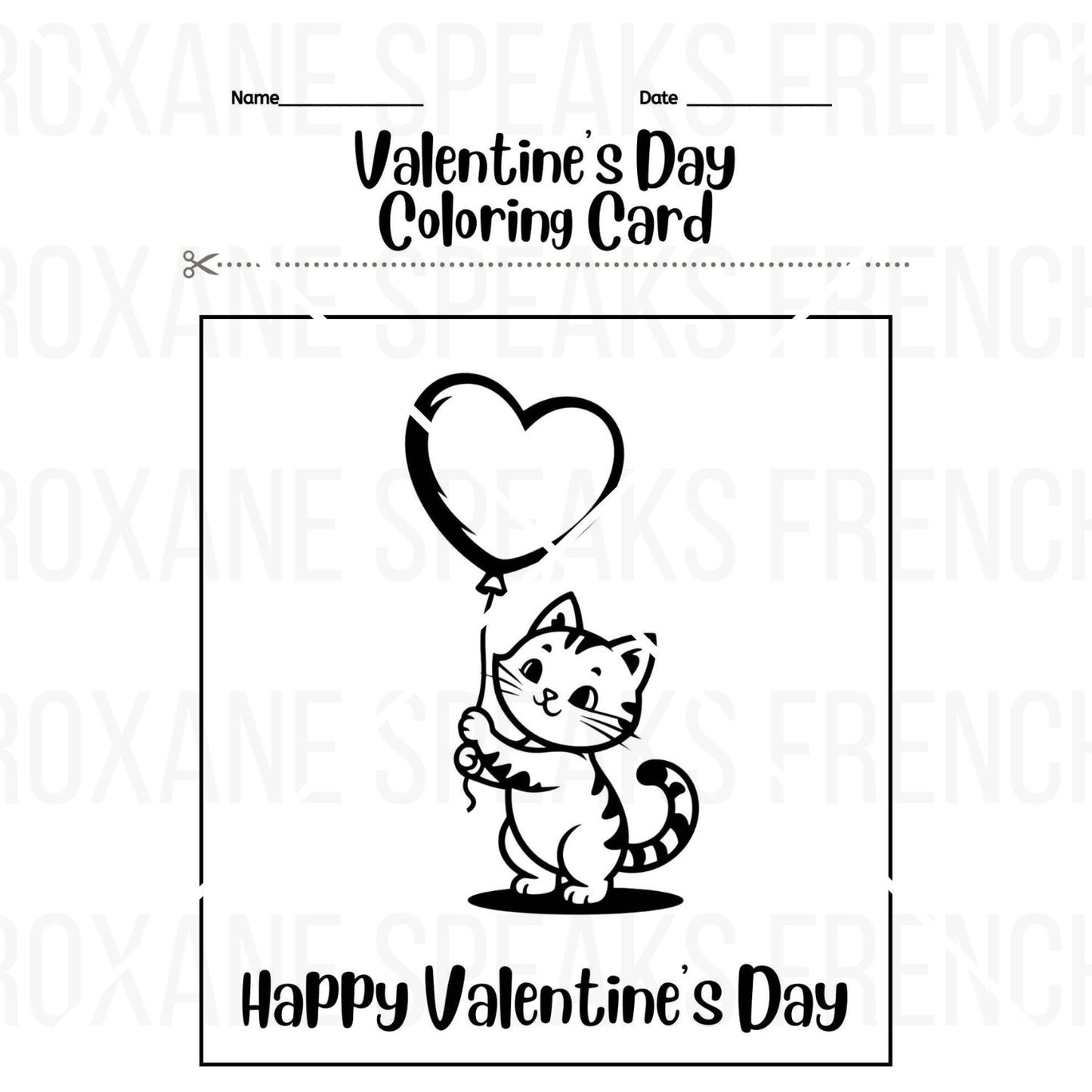 "Printable Valentine's Day coloring card featuring a cheerful cartoon cat holding a heart-shaped balloon. The top of the card includes a section for the student's name and date, and is titled 'Valentine's Day Coloring Card.'