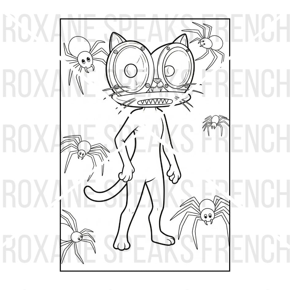 Siren Head coloring page with spiders - printable Halloween coloring sheet featuring the horror character surrounded by cute cartoon spiders for kids