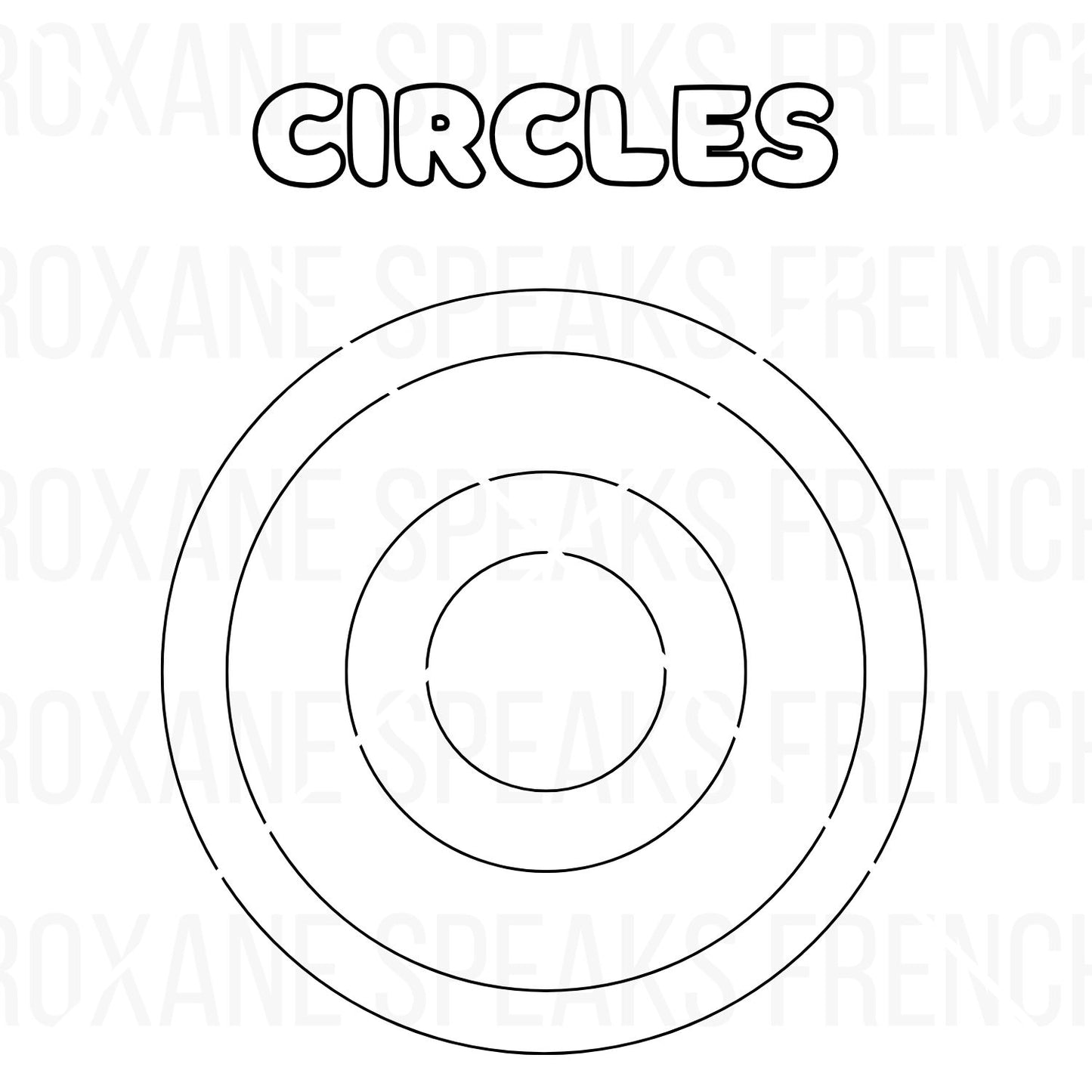 Circle color sheet with 'CIRCLES' text and an outline of three concentric circles for coloring.