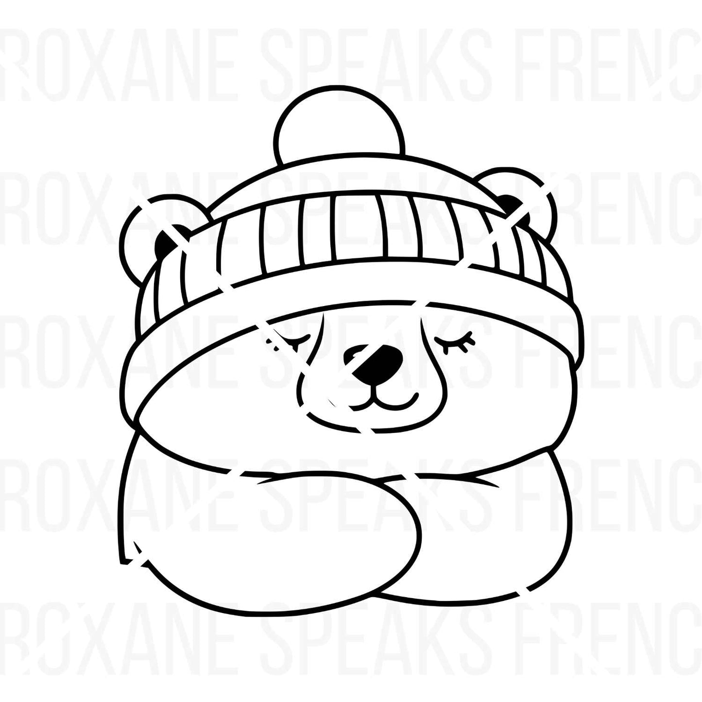 Sleeping polar bear wearing a winter beanie SVG – A relaxed polar bear clipart outline with a snug hat, great for holiday designs, Christmas decorations, greeting cards, and winter apparel. Compatible with cutting machines and sublimation printing.