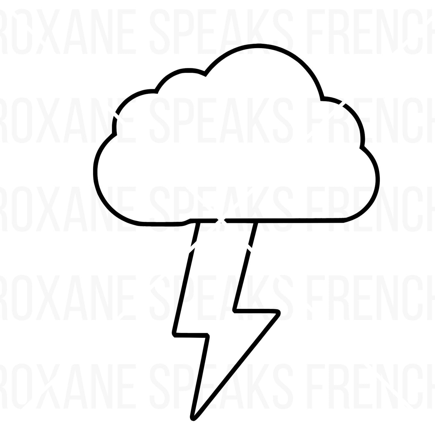 oloring page of a cartoon cloud with a sharp lightning bolt striking down. Bold black lines.