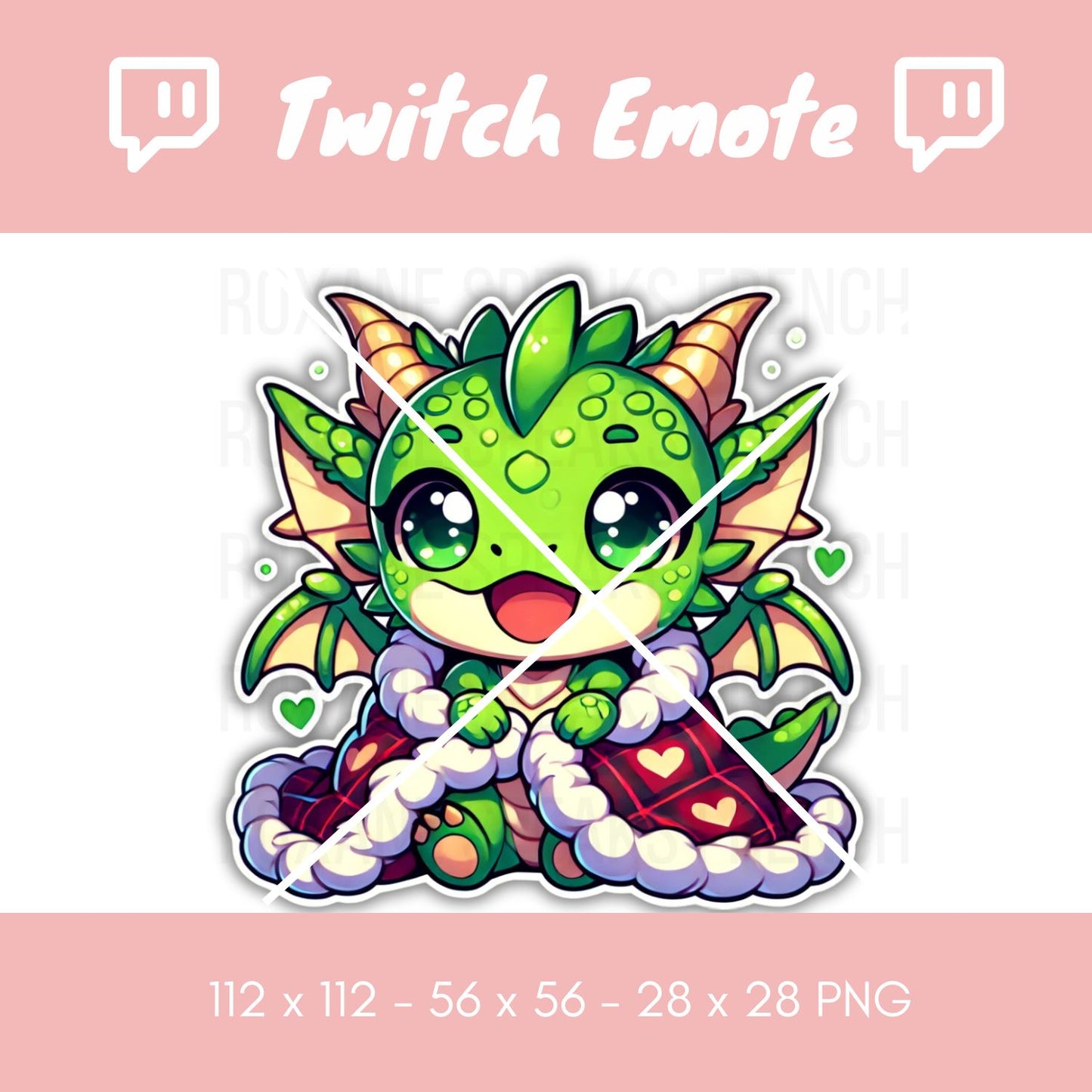 Adorable dragon Twitch emote holding a magical staff, surrounded by whimsical leaves and hearts, perfect for fantasy game streams.