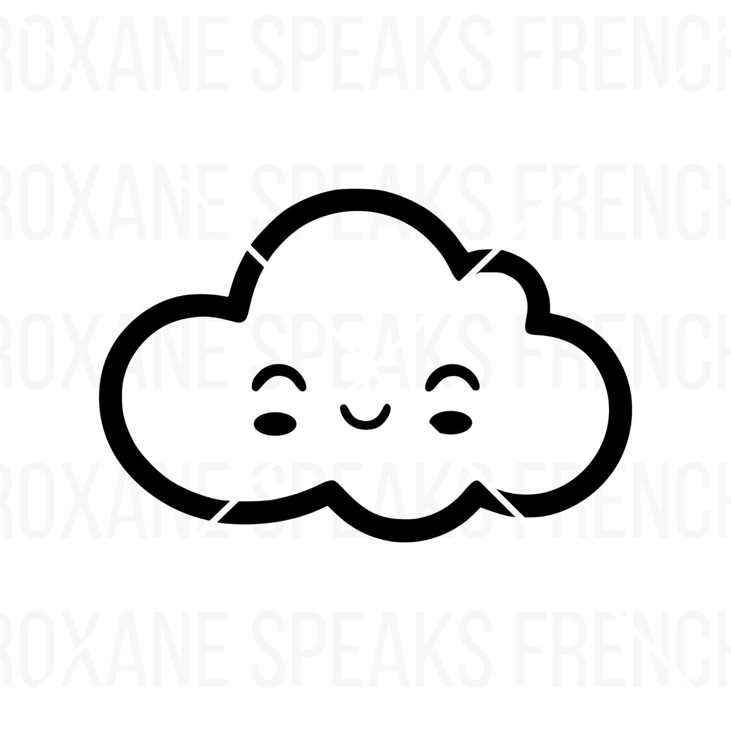 Coloring page featuring a kawaii-style cloud with a sweet smiling face and closed eyes. Bold black outline.