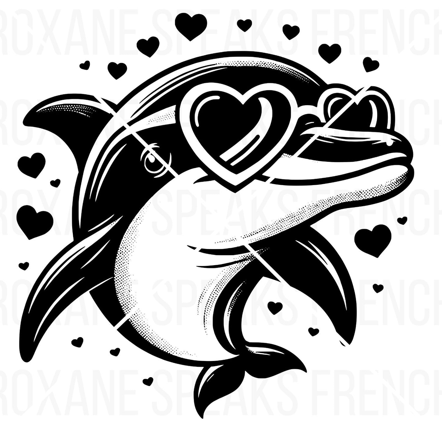 Black and white clipart of a playful dolphin wearing heart-shaped sunglasses, surrounded by small hearts. The design is bold and expressive, ideal for adding a whimsical touch to various crafting projects.