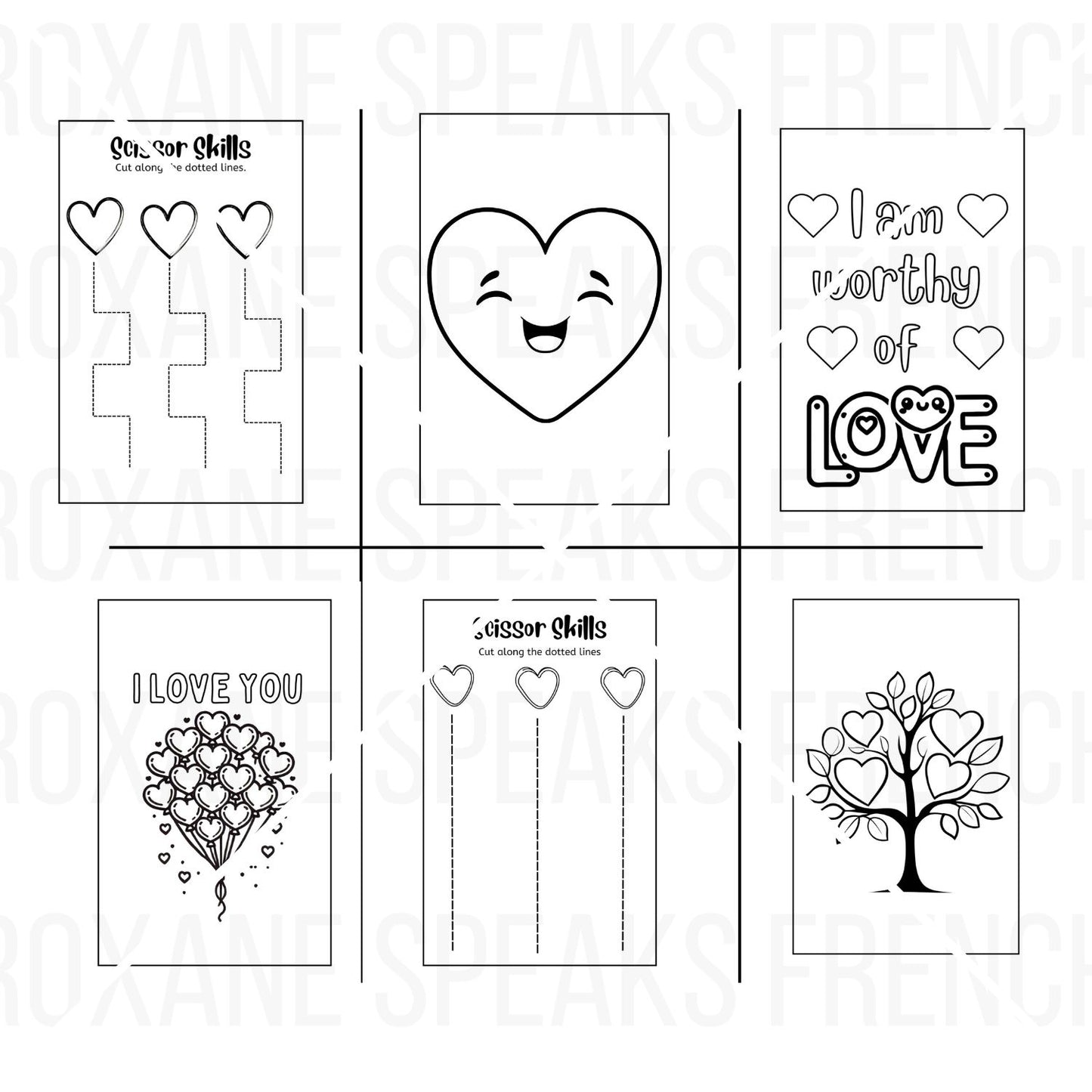 A collection of six Valentine-themed coloring and activity sheets featuring: scissors skills practice with zigzag and vertical lines topped with hearts, a smiling heart face, a page with the inspirational quote 'I am worthy of LOVE', a cluster of balloons spelling 'I LOVE YOU', and a heart tree with heart-shaped leaves
