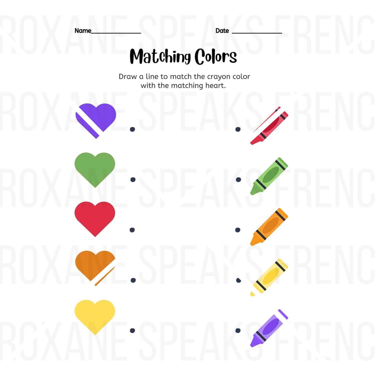 Matching Colors Heart Game Printable – Match heart colors with crayons for fun color recognition practice.