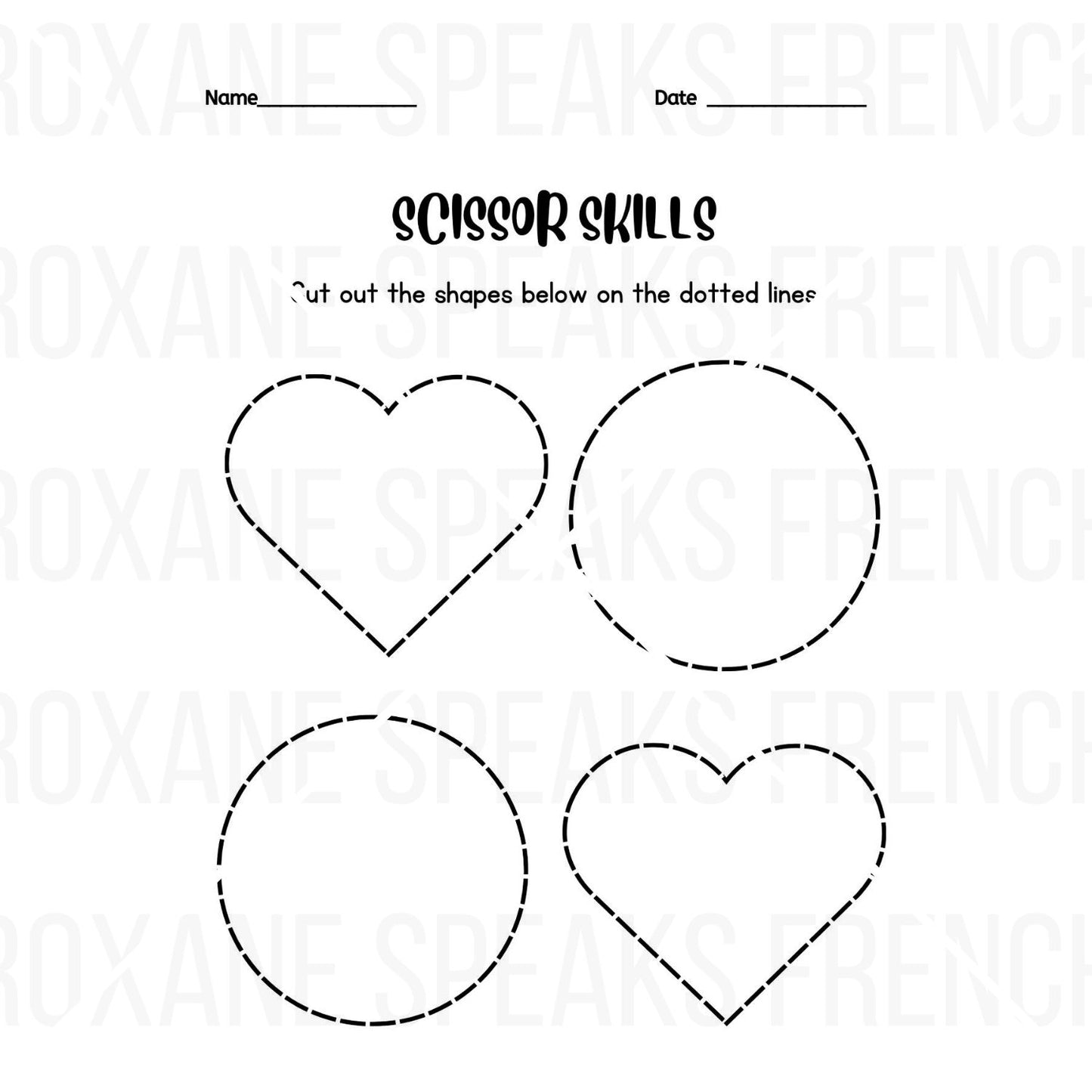 Valentine's Day scissor skills activity worksheet titled 'Scissor Skills'. The worksheet features three shapes outlined with dotted lines: two hearts and one circle.