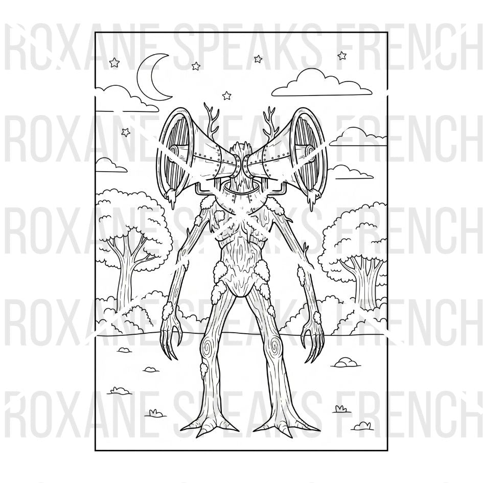 Siren Head forest scene coloring page - spooky outdoor Halloween coloring sheet with trees, moon, and stars featuring the iconic horror character in nature