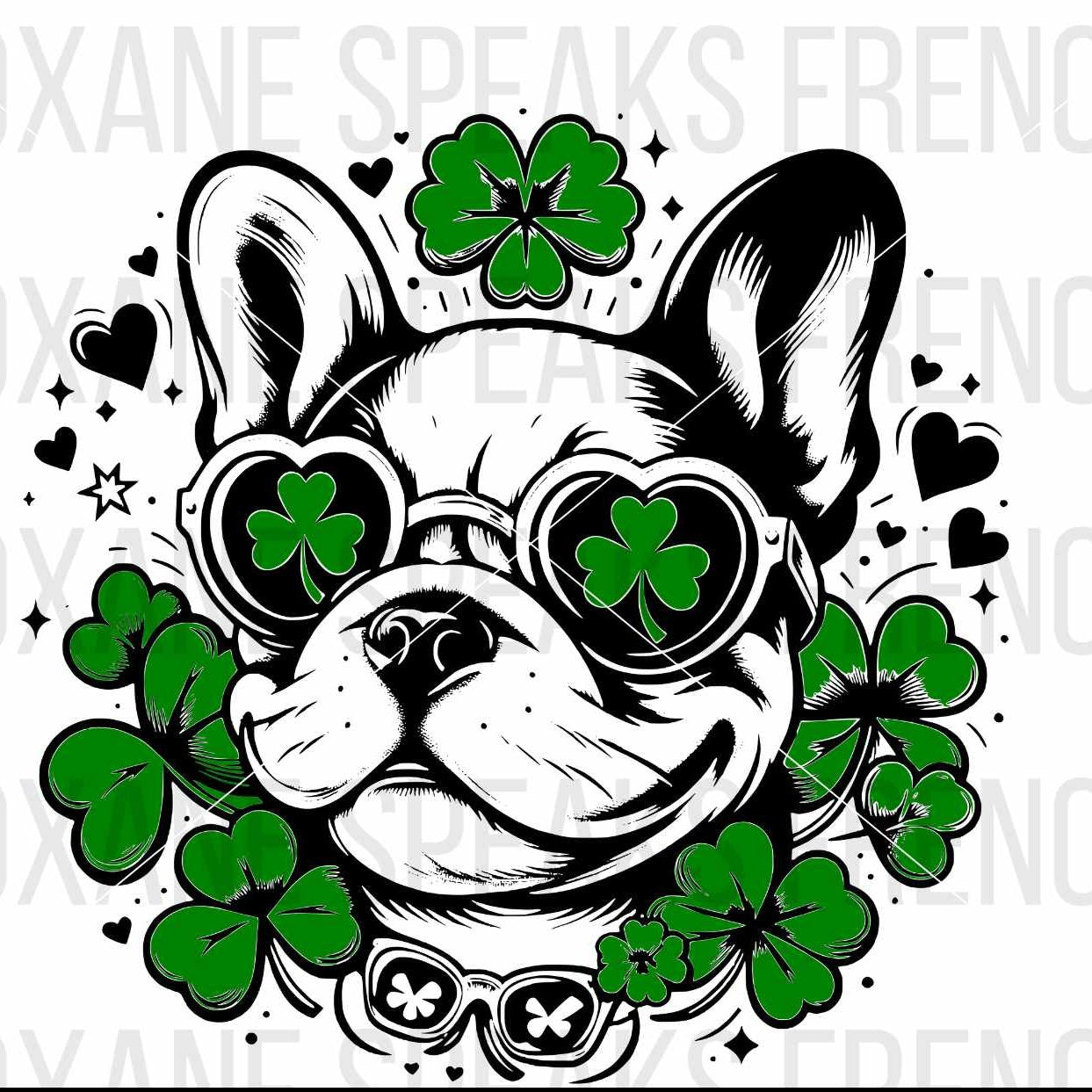 Illustration of a French Bulldog wearing shamrock-shaped sunglasses, surrounded by clovers and hearts, available in SVG and PNG formats