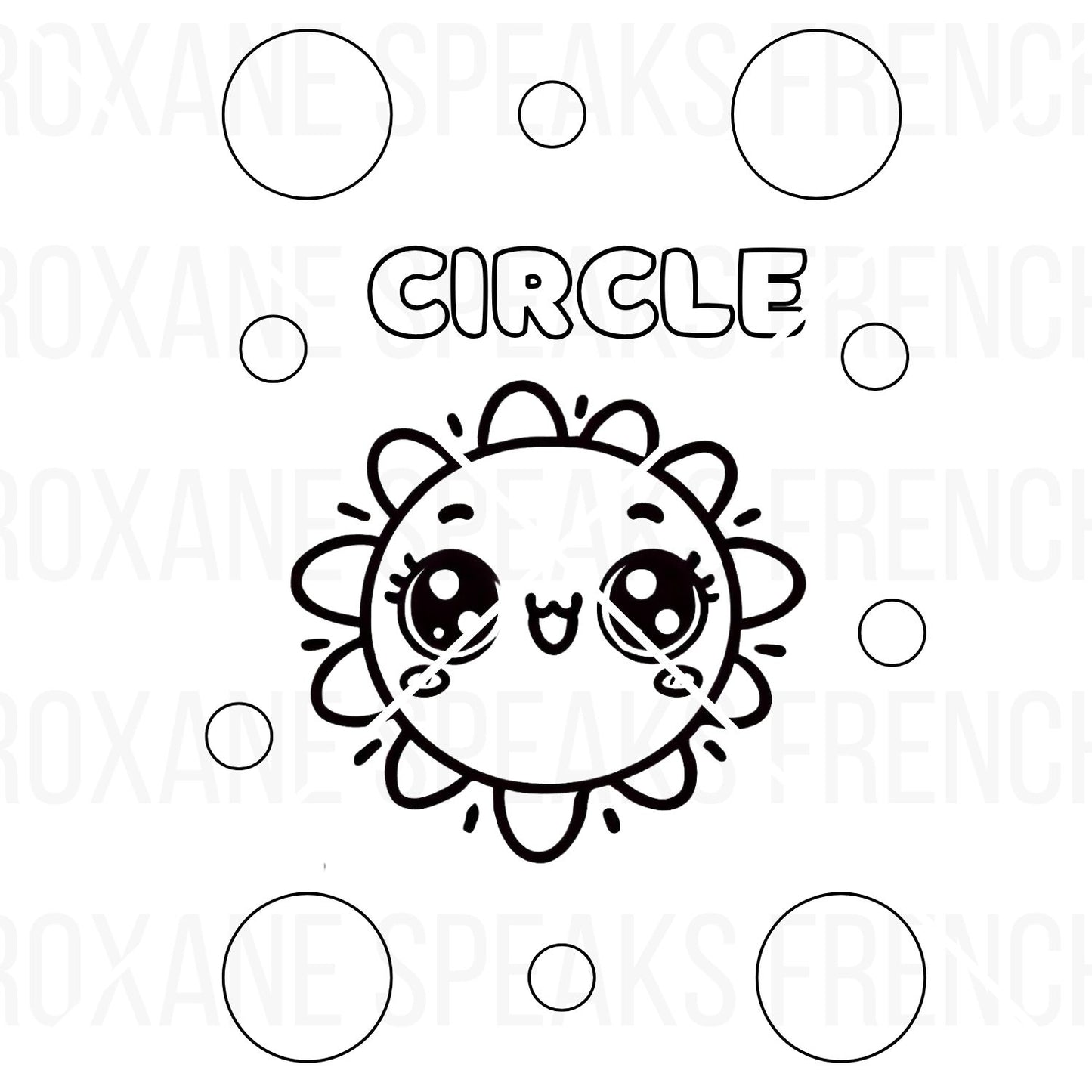 Cute sun circle coloring sheet with 'CIRCLE' text, a kawaii sun character, and surrounding small circles.