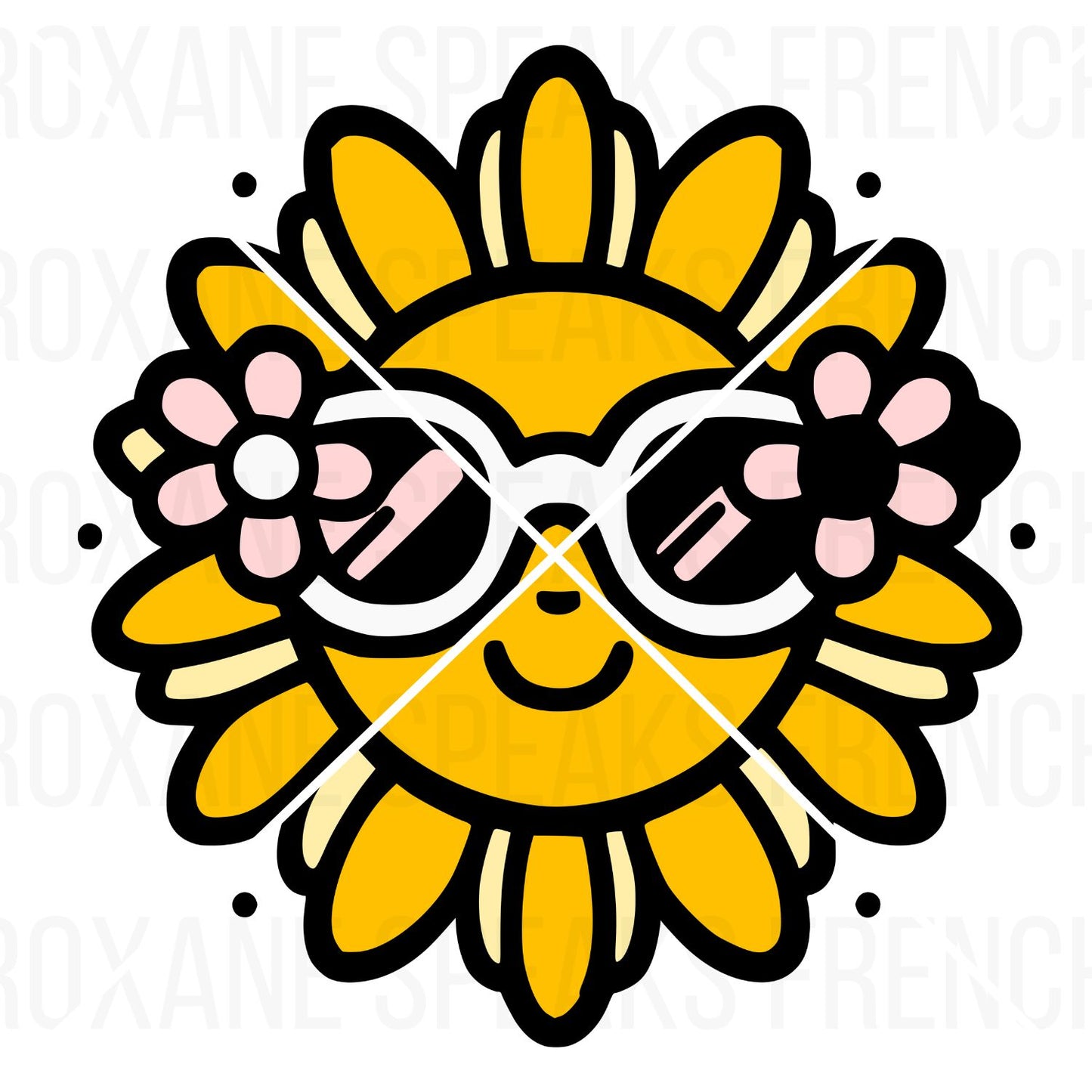 Retro sun with sunglasses clipart, shown as a black outline SVG of a cool sun character for summer beach or vacation crafts.