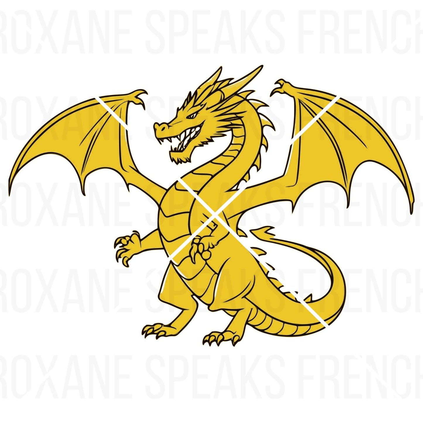 A fierce yellow dragon line drawing clipart, illustrated in a classic fantasy style with bold black outlines.