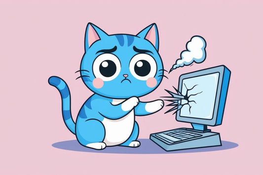An illustration of a frustrated blue cat after its computer broke, symbolizing a streamer's frustration with Twitch emote approval glitches and long wait times.